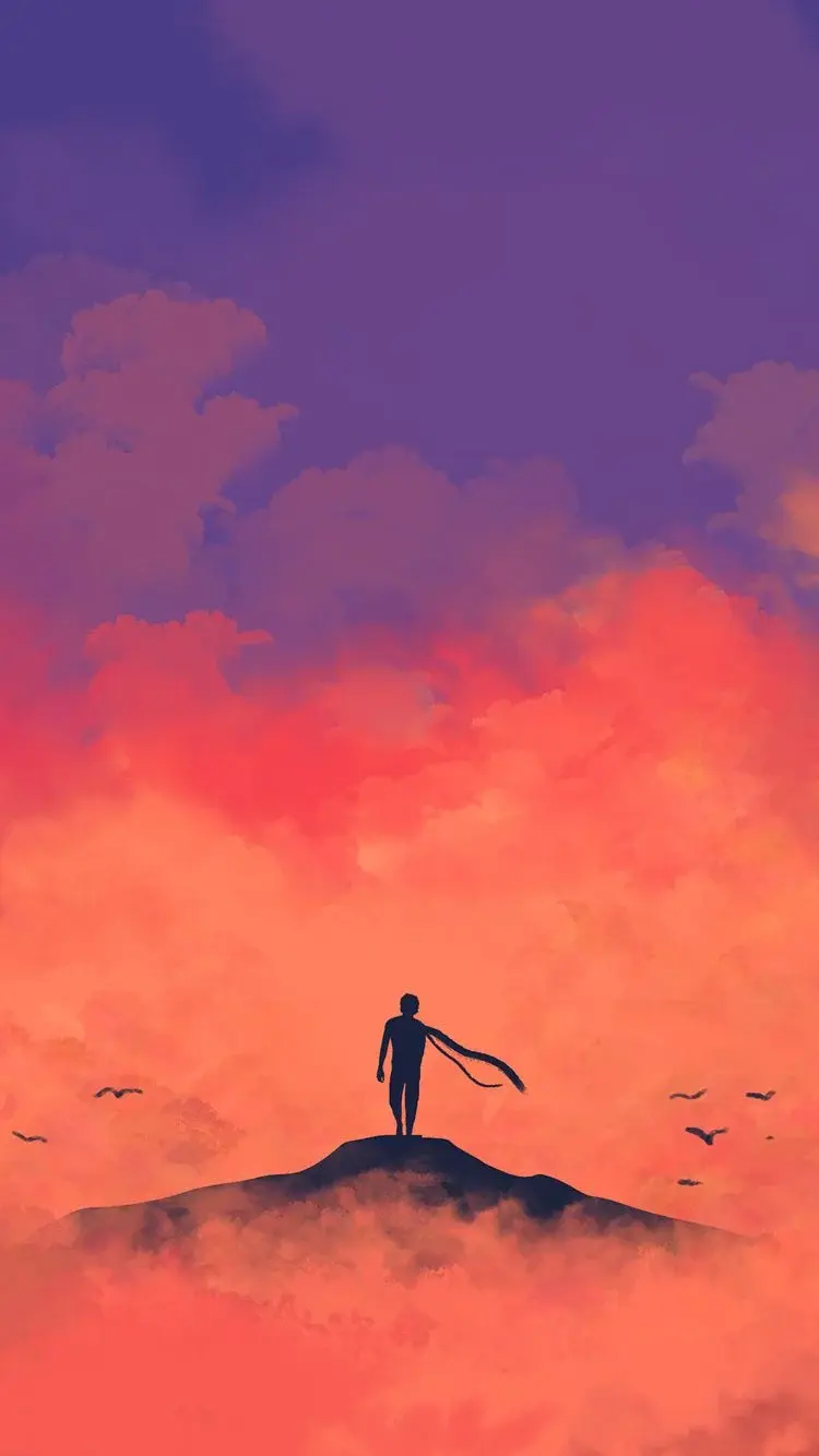 Cartoon Drawing Of A Silhouette Of A Man On Top Of A Mountain Orange Purple Clouds Mist Artwork Artist