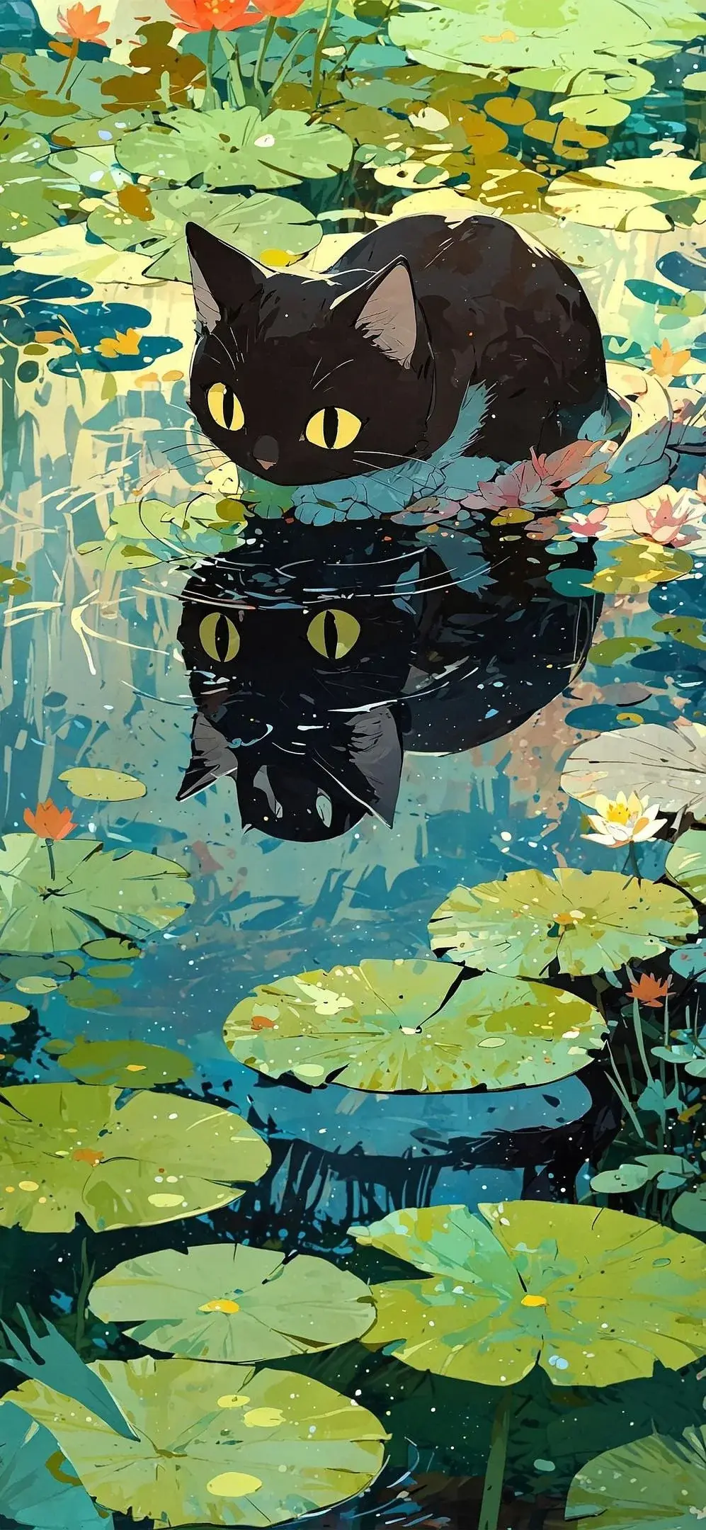 Cat With Lilypads Lillypads Lily Pads Best Anime Style Artwork Illustrations For Apple iPhone