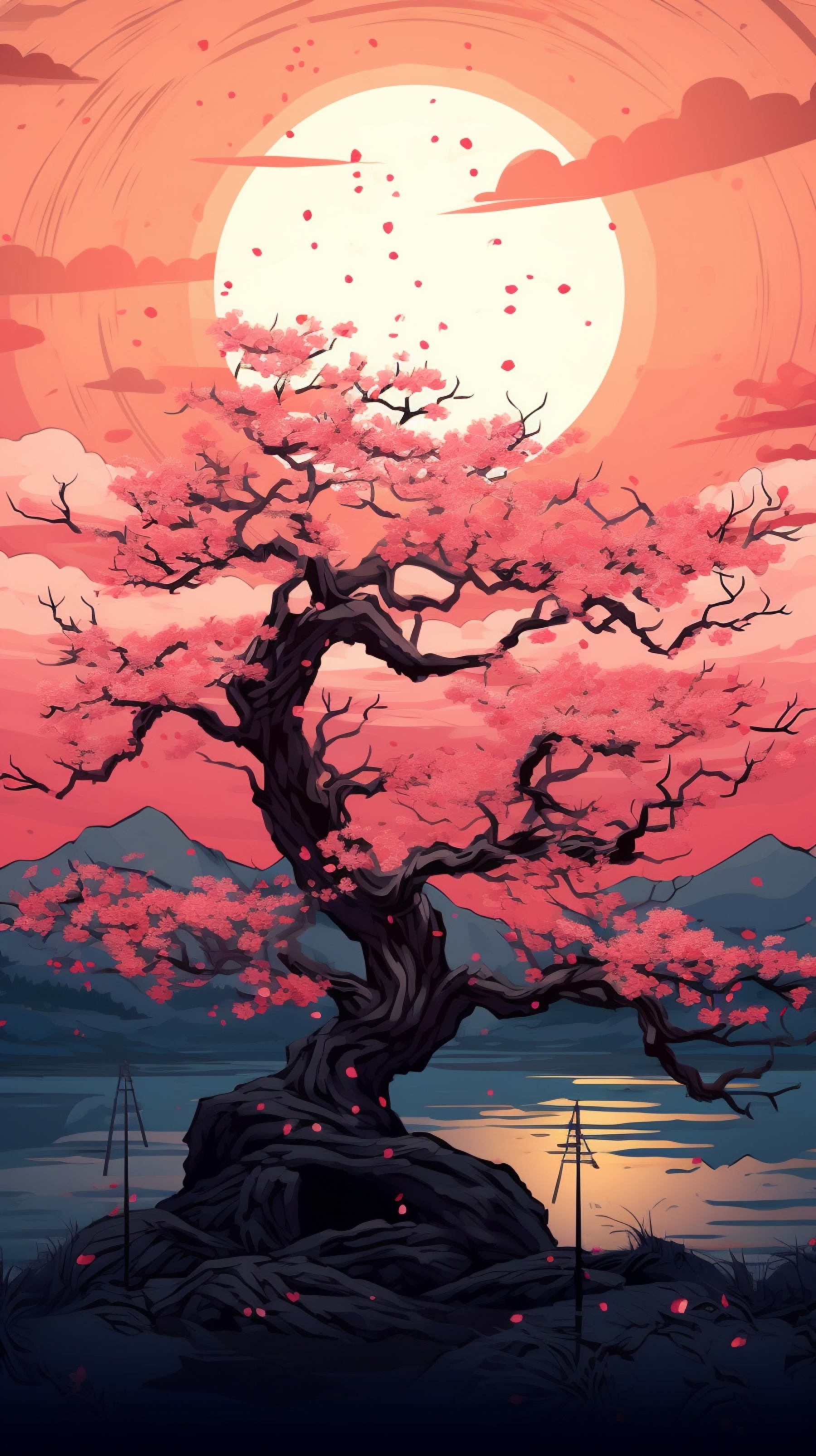 Cherry Blossom Tree Silhouette Sunset Digital Art wallpaper for Apple iPhone, Apple Watch, Mac, iPad and Apple Watch