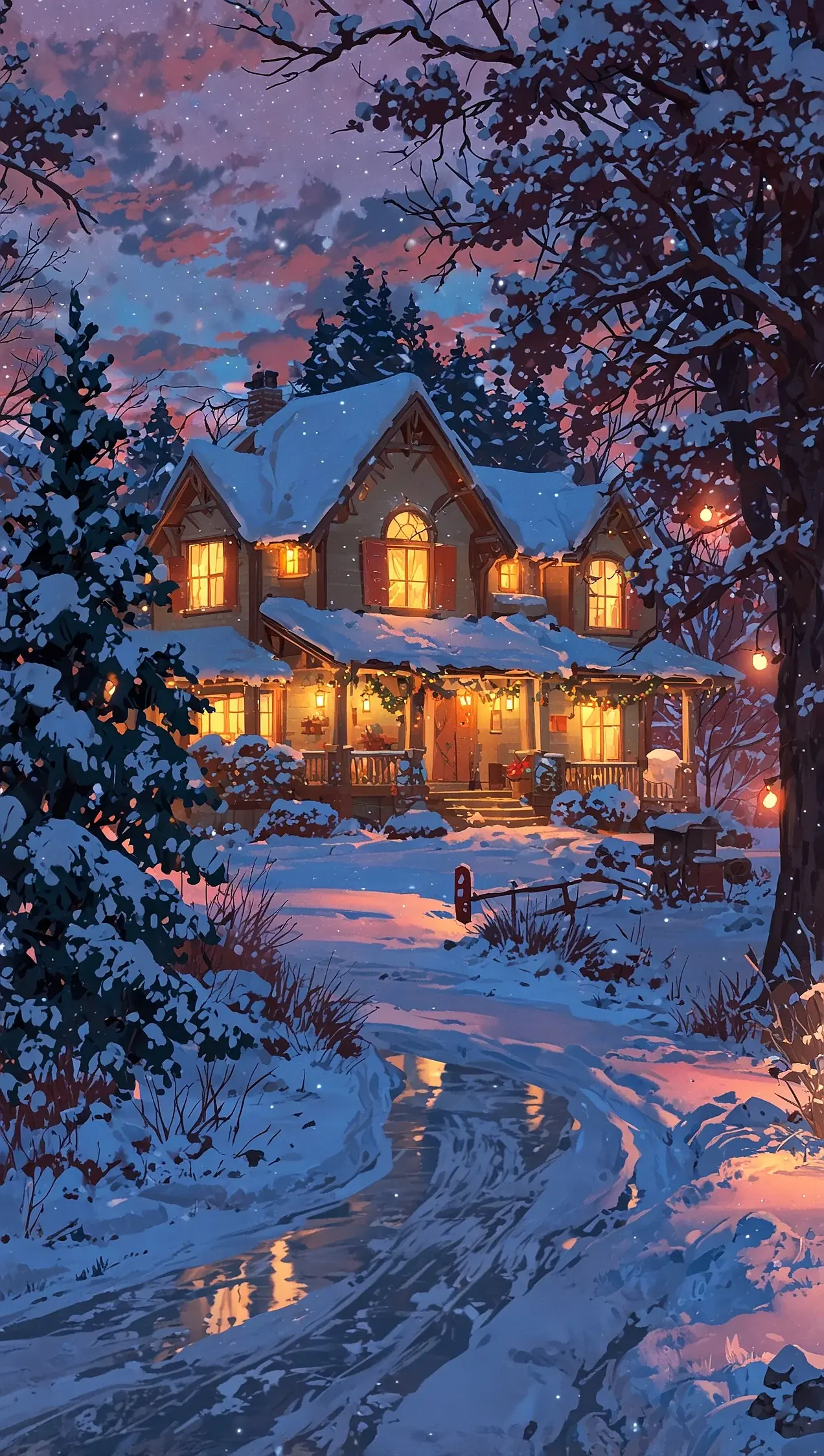 Christmas Xmas Festive Cottage With Pine Trees Anime Artwork Style Download Free Top Wallpapers Backgrounds For iPhone 14 15 16 Pro Max HD 4K wallpaper for Apple iPhone, Apple Watch, Mac, iPad and Apple Watch