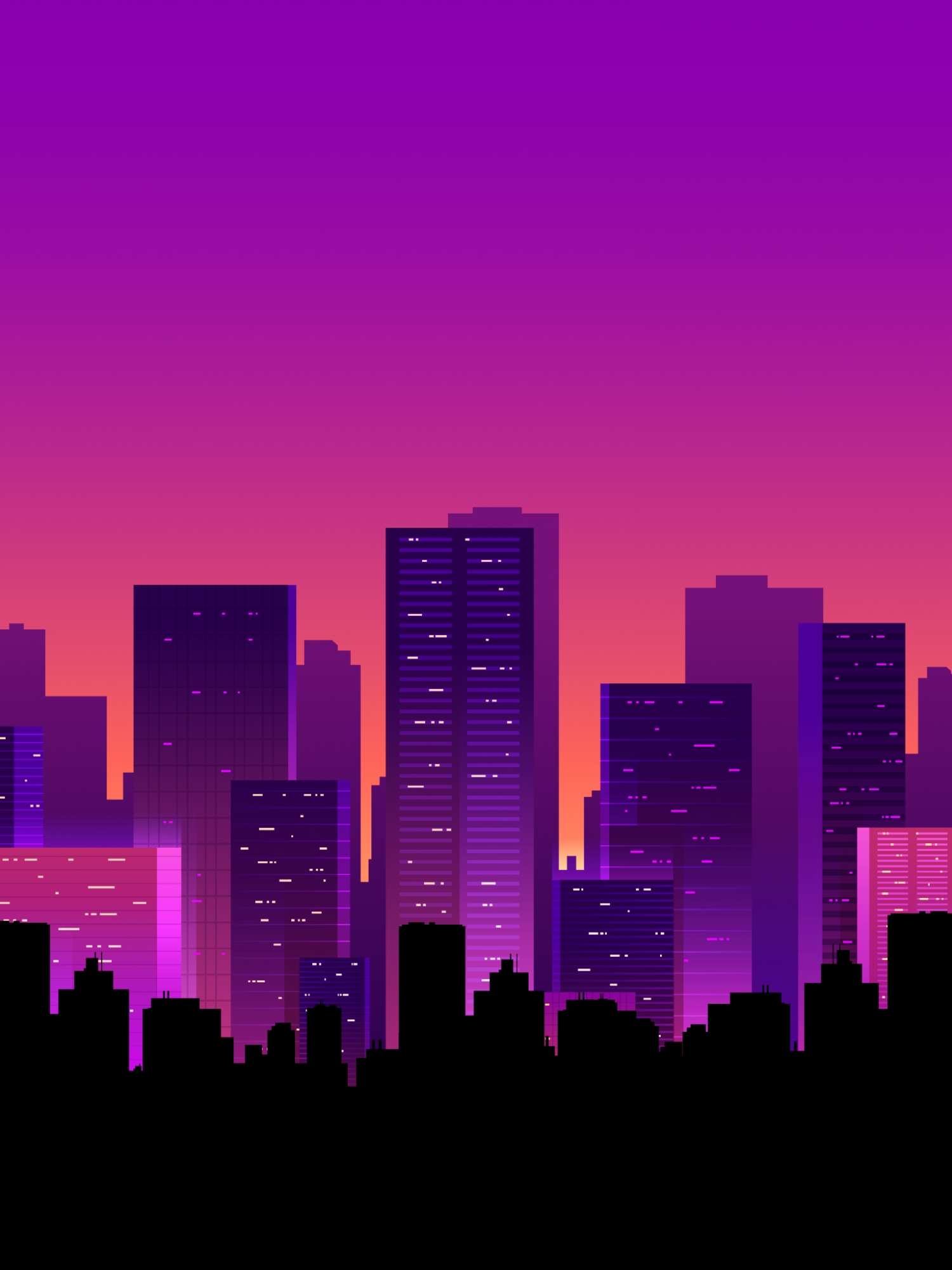 Colorful Purple Skyline City Lights Digital Illustration Creative Silhouette