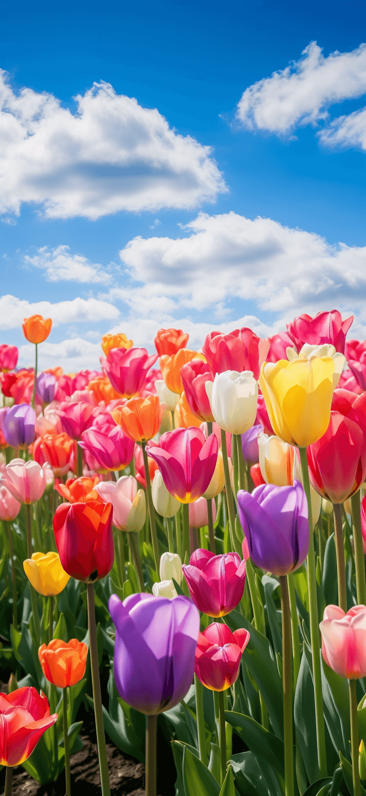 Colourful Tulips Flowers In A Field With Blue Skies Pink Purple Yellow