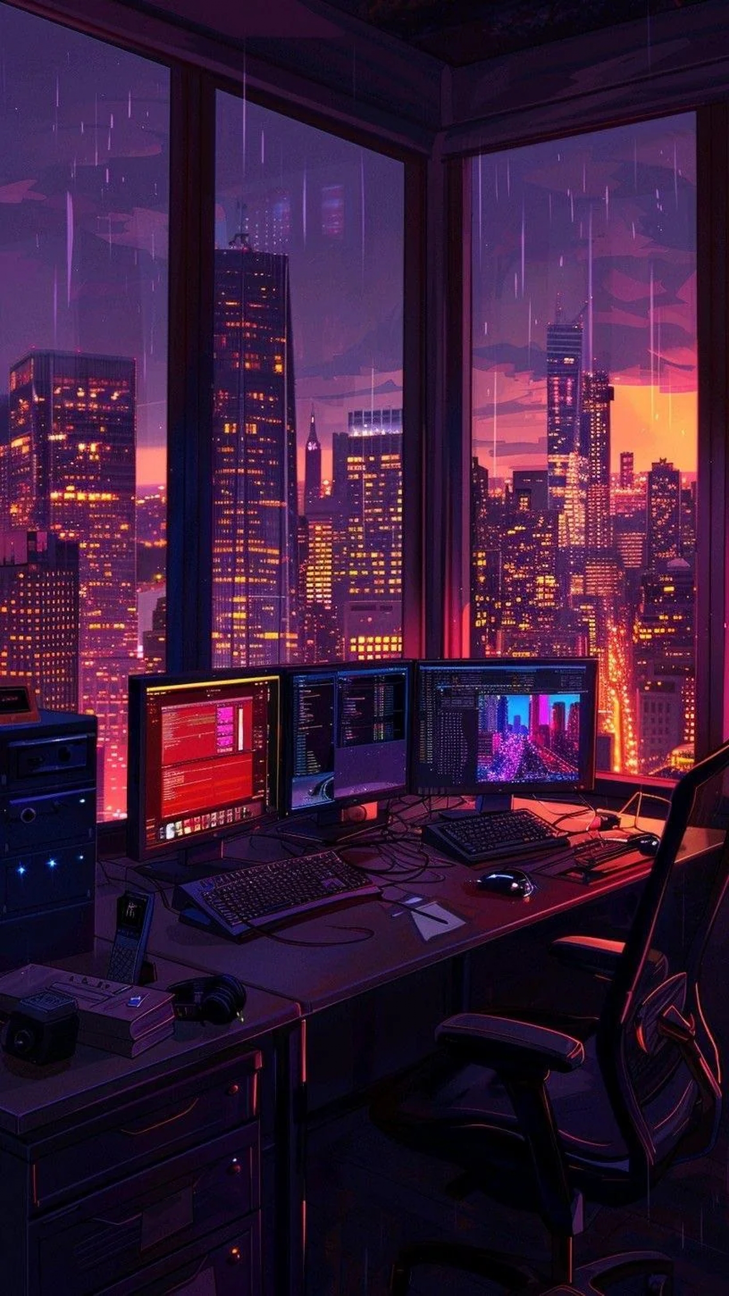 Cozy Vibes City Anime Digital Drawing With Triple Screen Monitor Setup Creative wallpaper for Apple iPhone, Apple Watch, Mac, iPad and Apple Watch