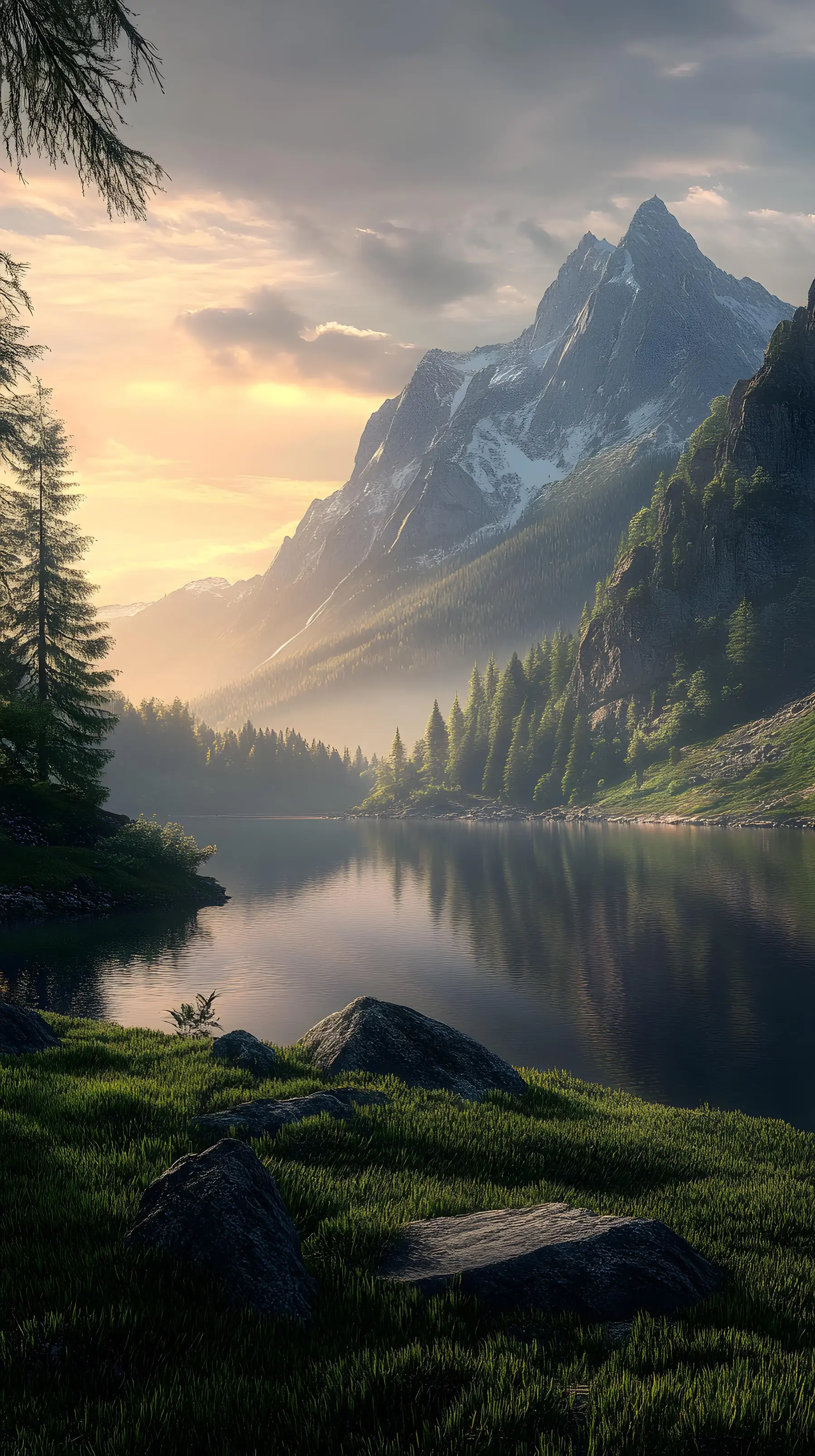 Crisp Snow Capped Mountains Landscape With Light Rays Reflecting Off ...