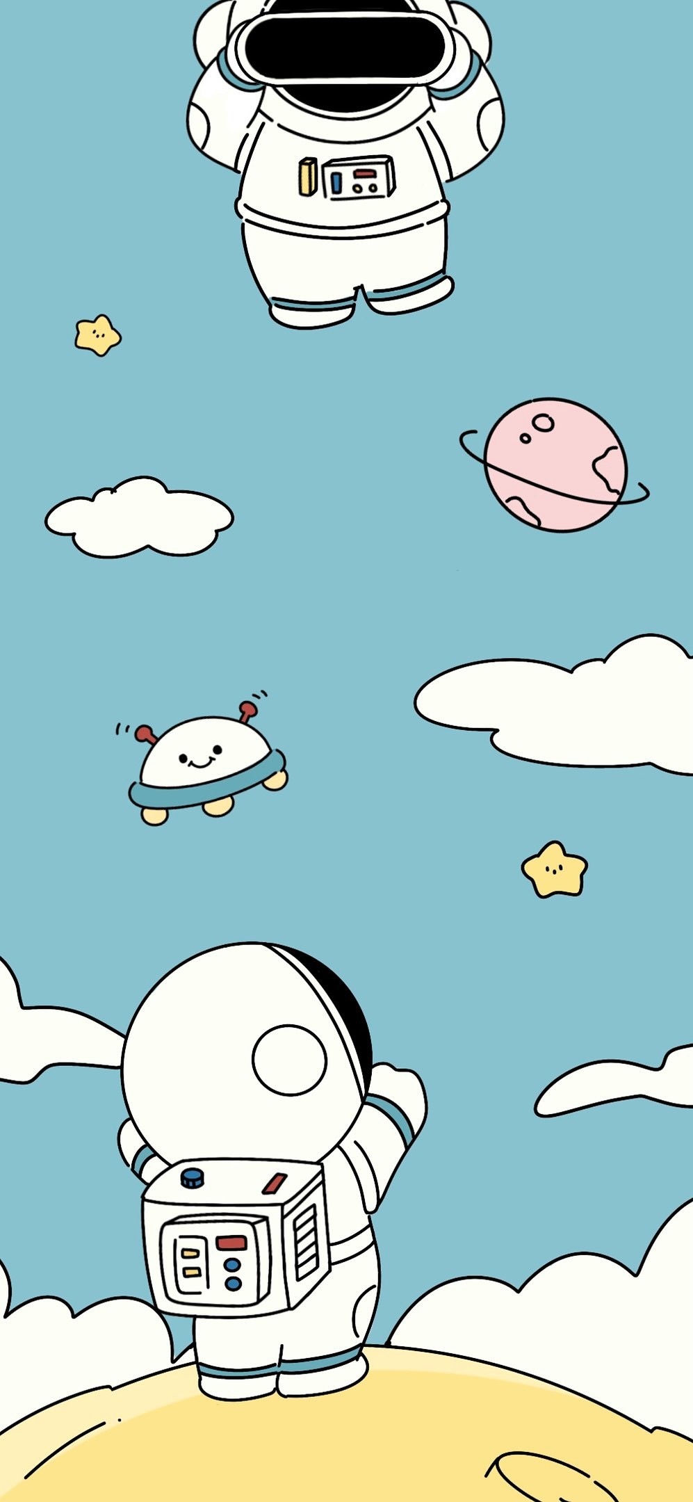 Cute Astronauts Hand Drawn Comical iPhone Wallpaper For Dynamic Island