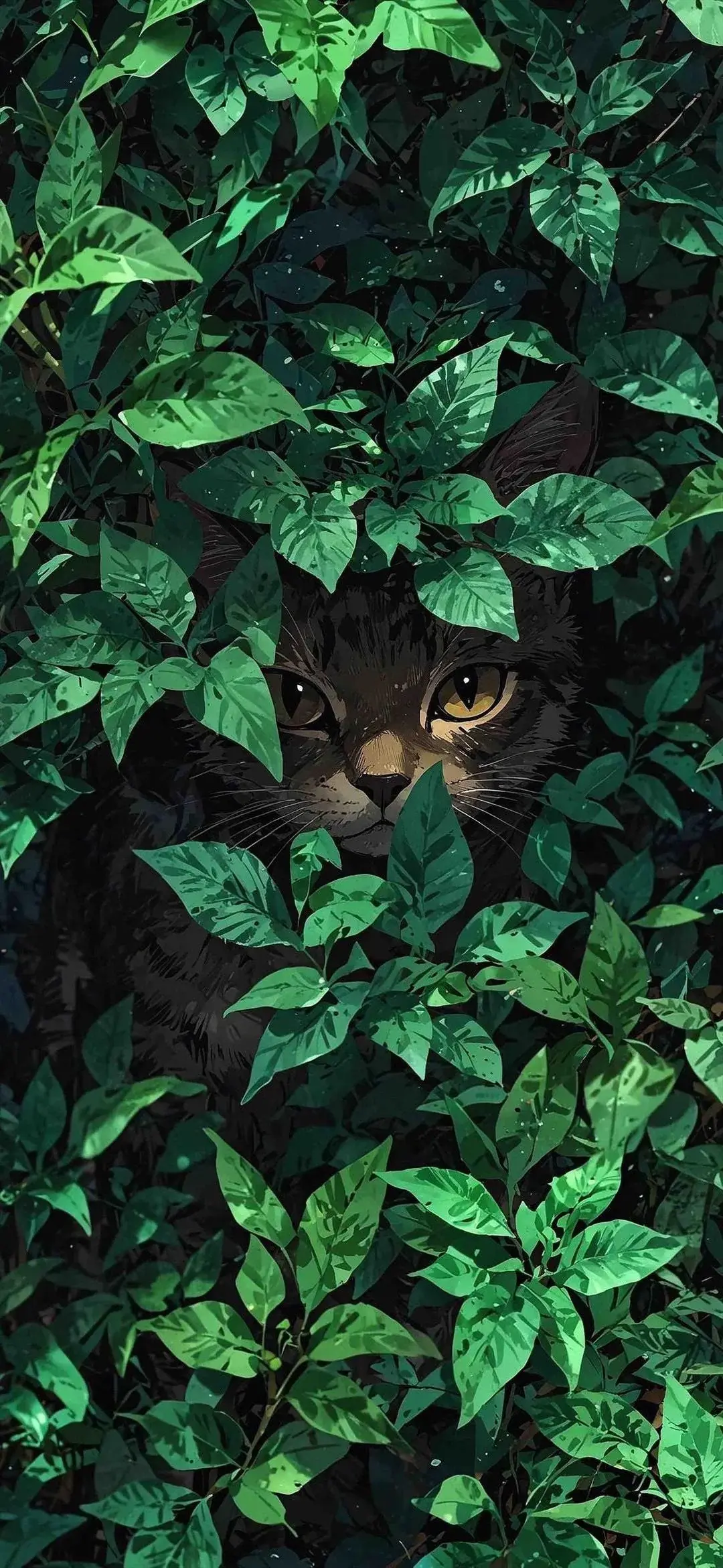 Cute Cat In Bushes Leafs Leaves Anime Style Digital Art Ultrahd Ultra HD 4K 8K HDR Wallpapers For Apple iPhone 13 14 15 16 Pro Max 16E Desktop Screensaver