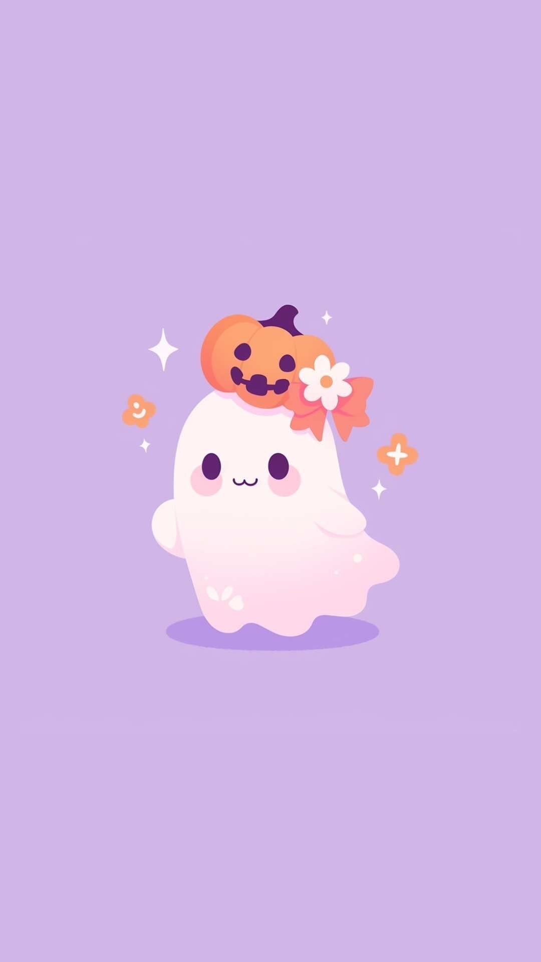 Cute Ghost And Pumpkin Baby Purple Best Halloween Fall Seasonal Autumn 2025 Wallpapers For iPhone And Android iPhone wallpaper