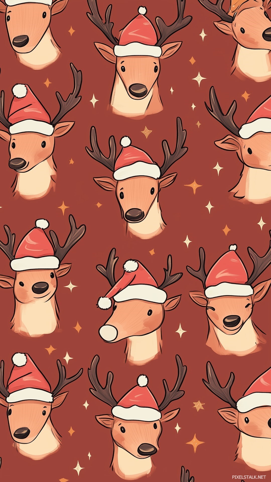 Cute Reindeer Faces With Tiny Santa Hats Mixed With Festive Stars And Bells Preppy Christmas Wallpaper