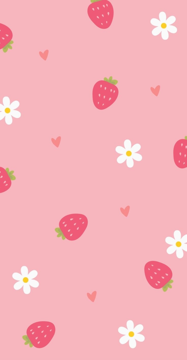 Cute Wallpapers For Girls Feminine Girly Femme Baby Pink Strawberries And Flowers And Hearts Pattern