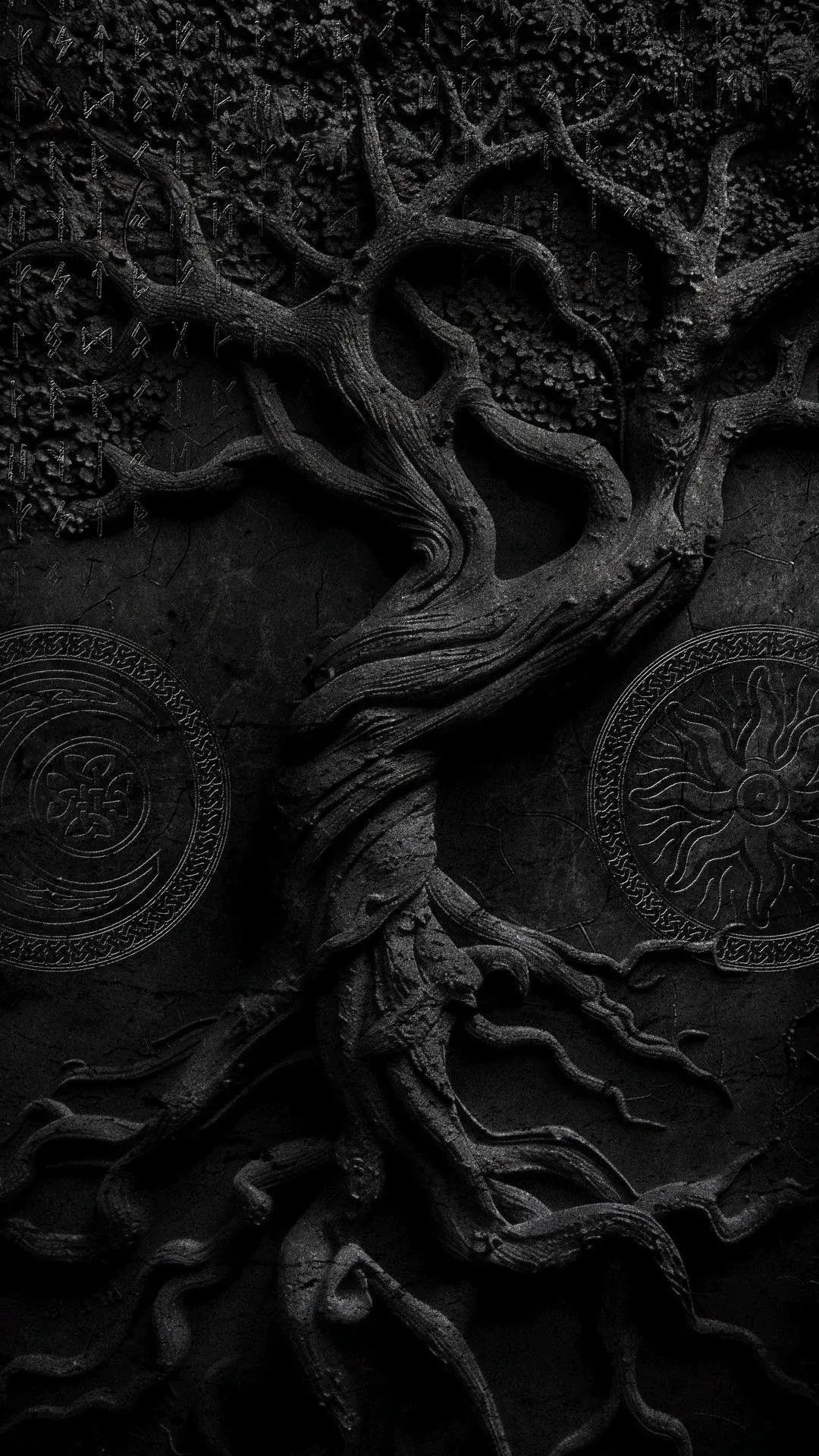 Dark Black Carving Of A Tree And Emblems High Resolution Wallpapers For iPhone 13 14 15 16 Pro Max wallpaper for Apple iPhone, Apple Watch, Mac, iPad and Apple Watch