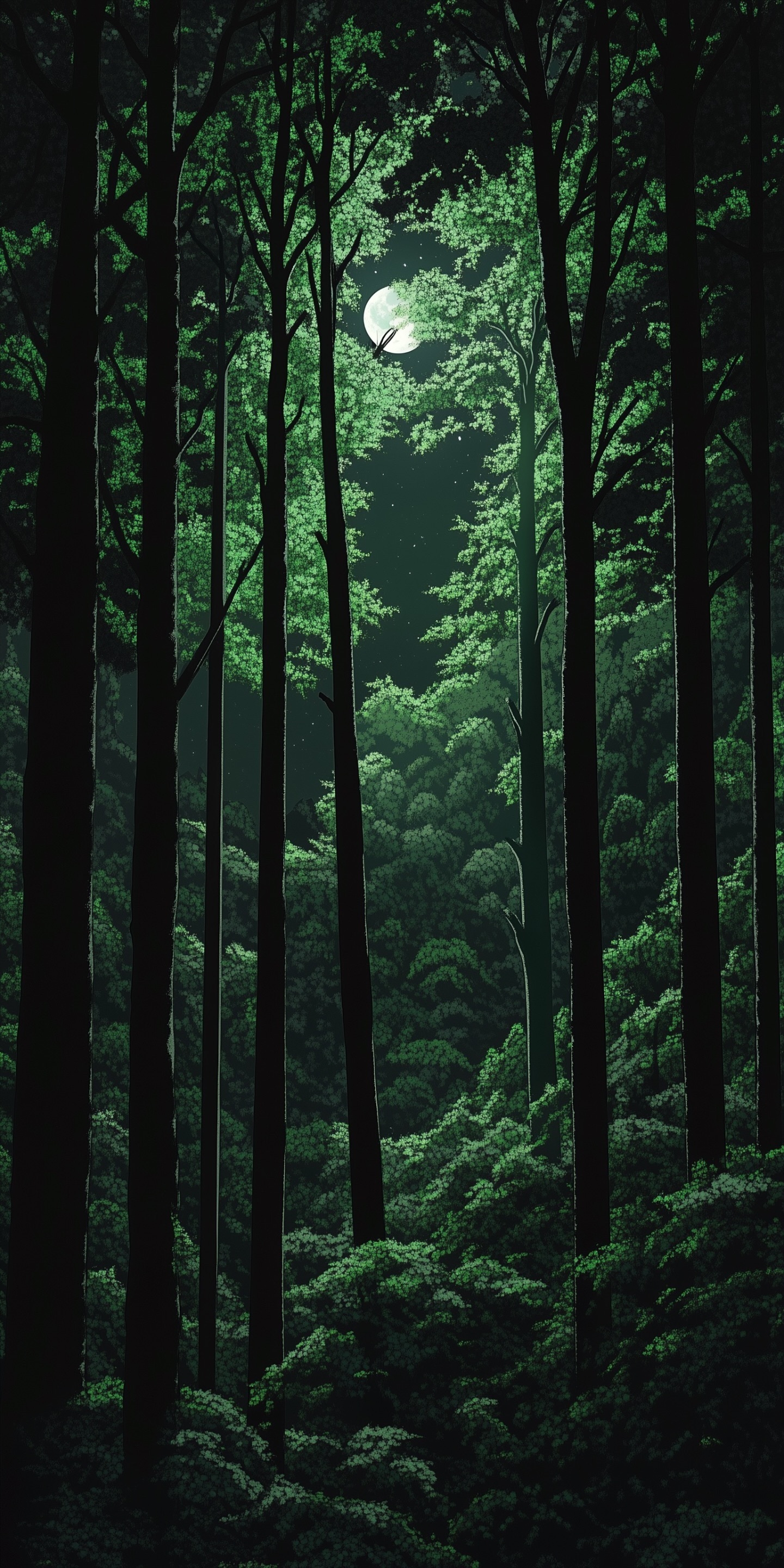 Dark Forest With Glowing Moon wallpaper for Apple iPhone, Apple Watch, Mac, iPad and Apple Watch