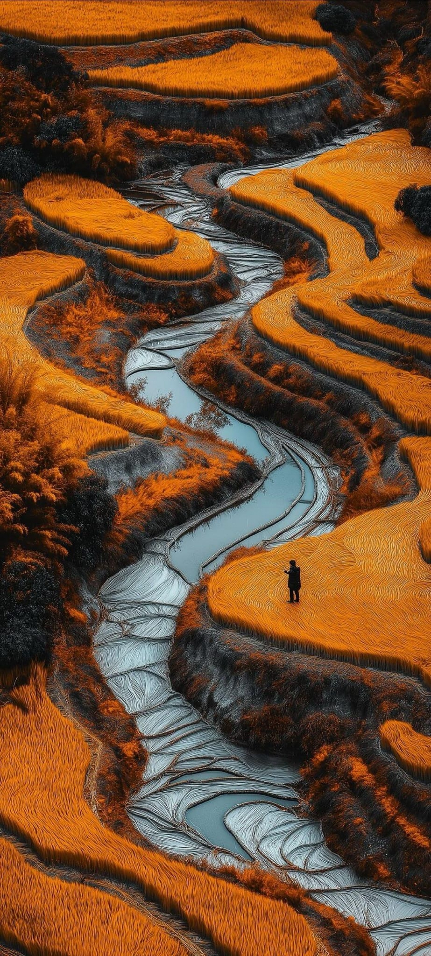 Geographical Landscape Stream Of Water With Lonely Man