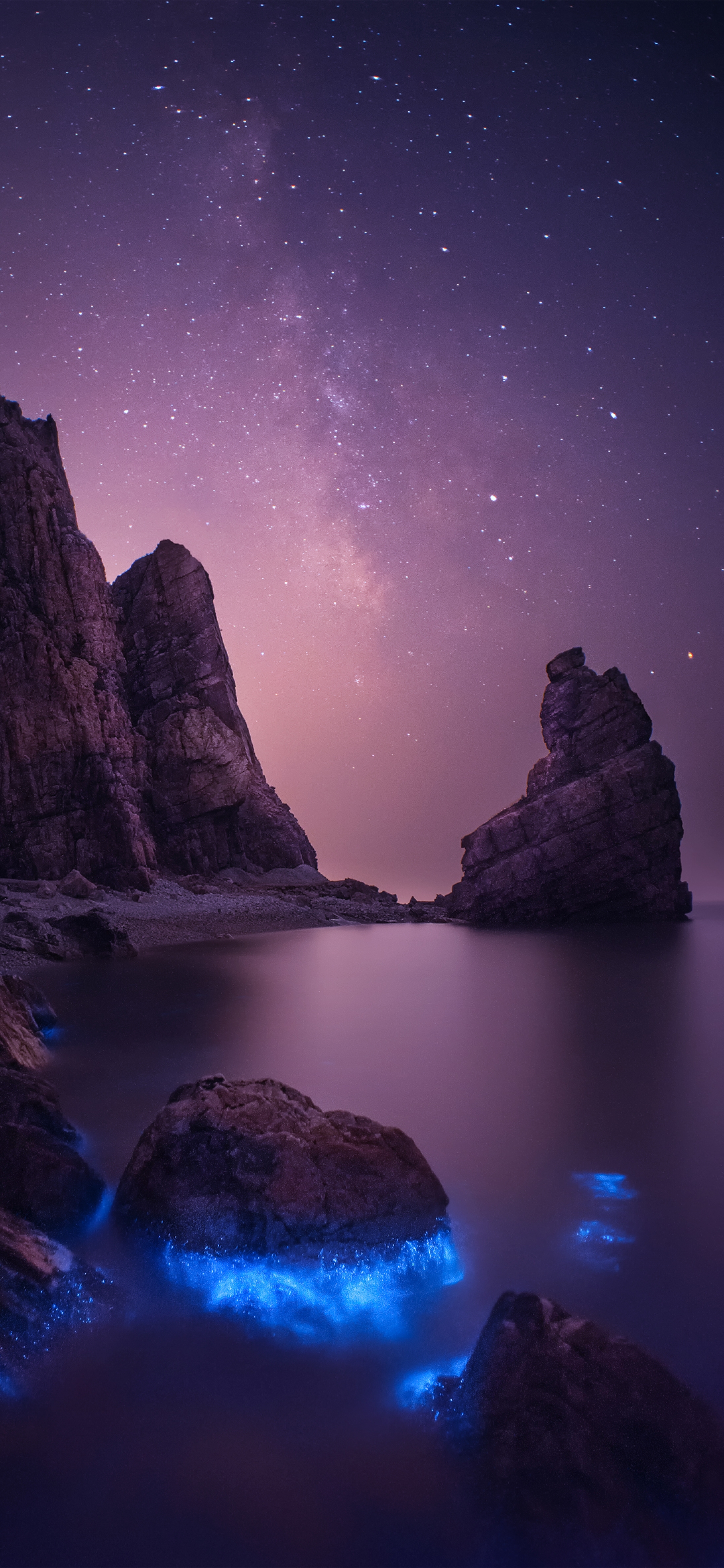 Glowing Bioluminescent Algae Luminescent Rock Formations At Night Stars Space