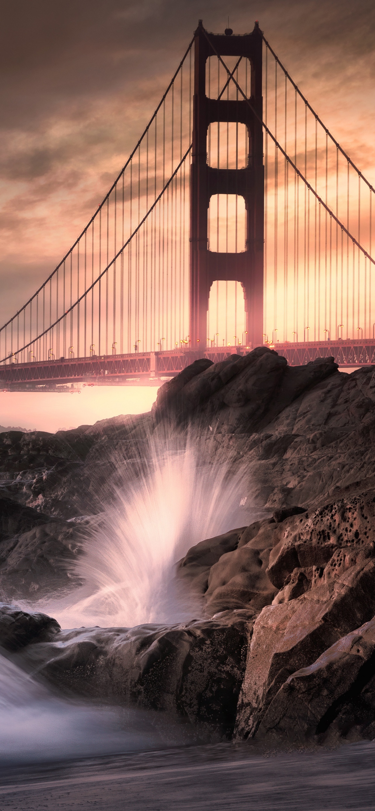 Golden Gate Bridge California Rocky Coast Water Splash Long wallpaper for Apple iPhone, Apple Watch, Mac, iPad and Apple Watch