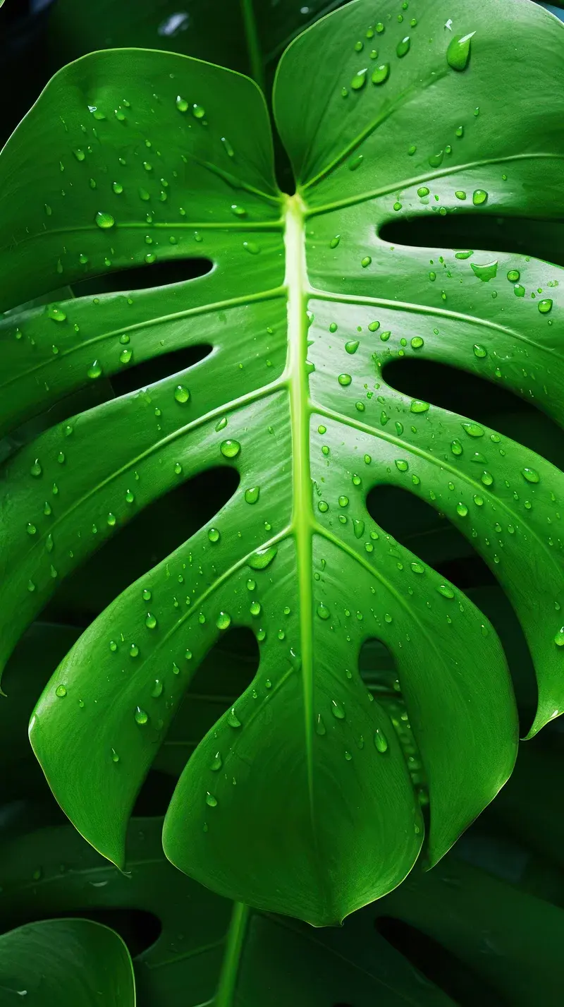 Green Monstera Leaf With Water Droplets