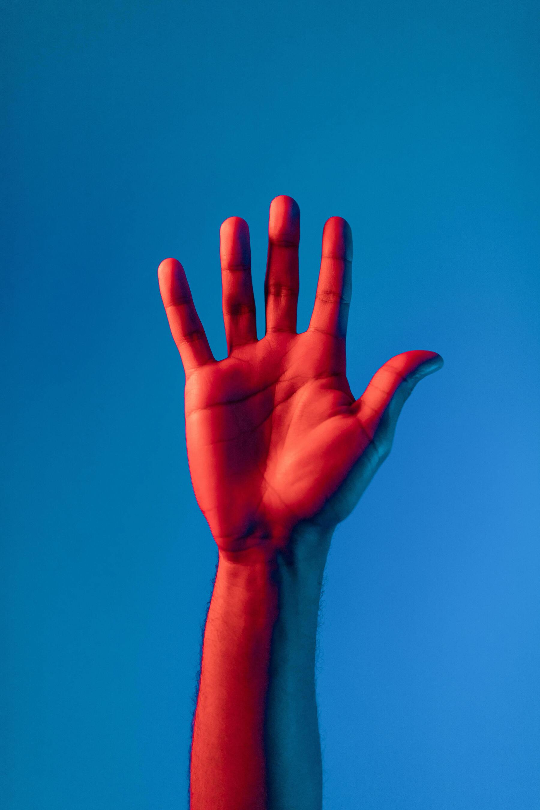 Hand With Neon Light On Blue Background UltraHD Ultra HD 4K 8K 10K 12k 20k High Resolution HDR Highres Desktop Wallpapers For iPhone And Android