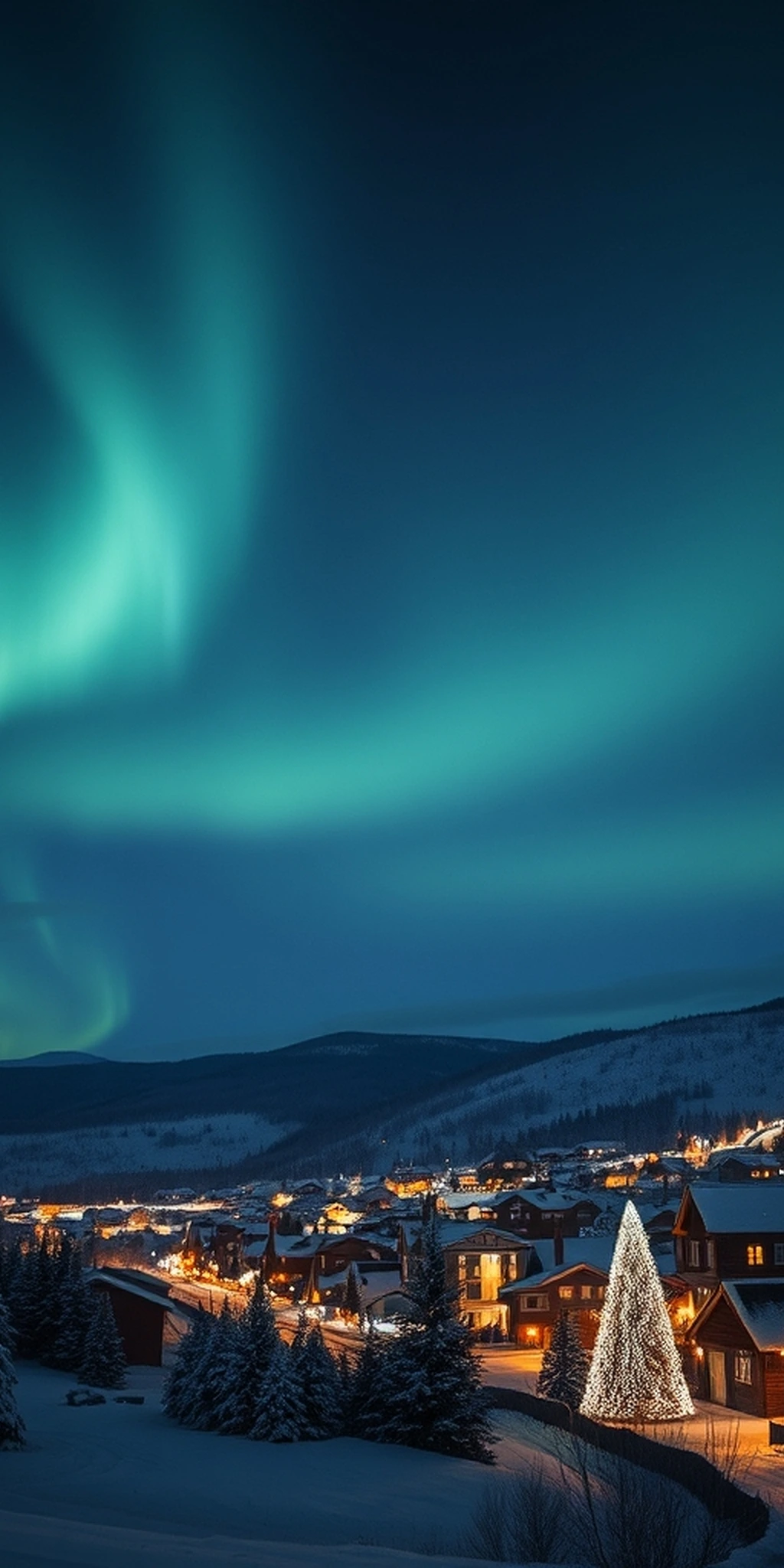 Aurora Borealis Lit Christmas Town Dark Mode iPhone wallpaper