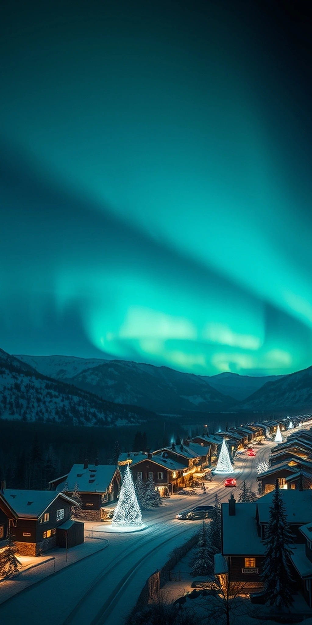 Aurora Borealis Lit Christmas Town Dark Mode Pro iPhone wallpaper
