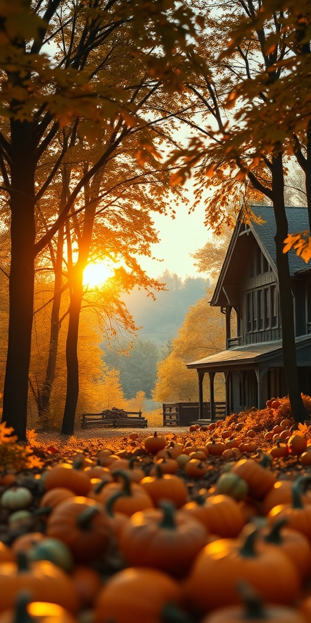 Autumn Trees Old Farm House Sun Set Pumpkins Seasonal Thanksgiving Vibes iPhone wallpaper