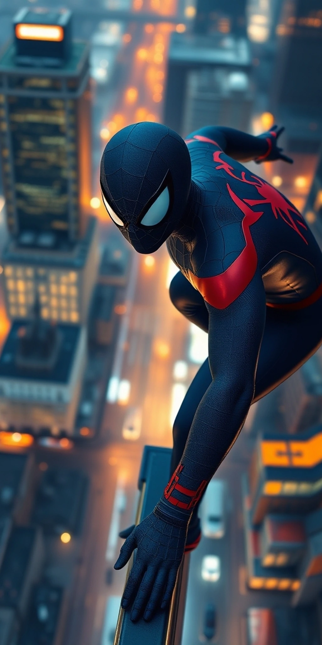 Black Outfit Spiderman Building Crawling In New York City USA iPhone wallpaper