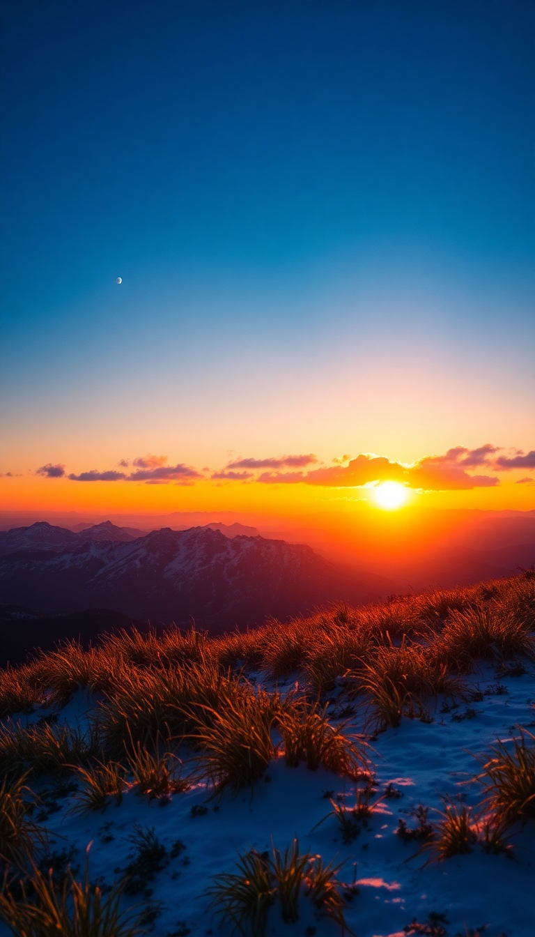 Sunset Blue Moon Mountains Yellow Green Grass Snow iPhone wallpaper