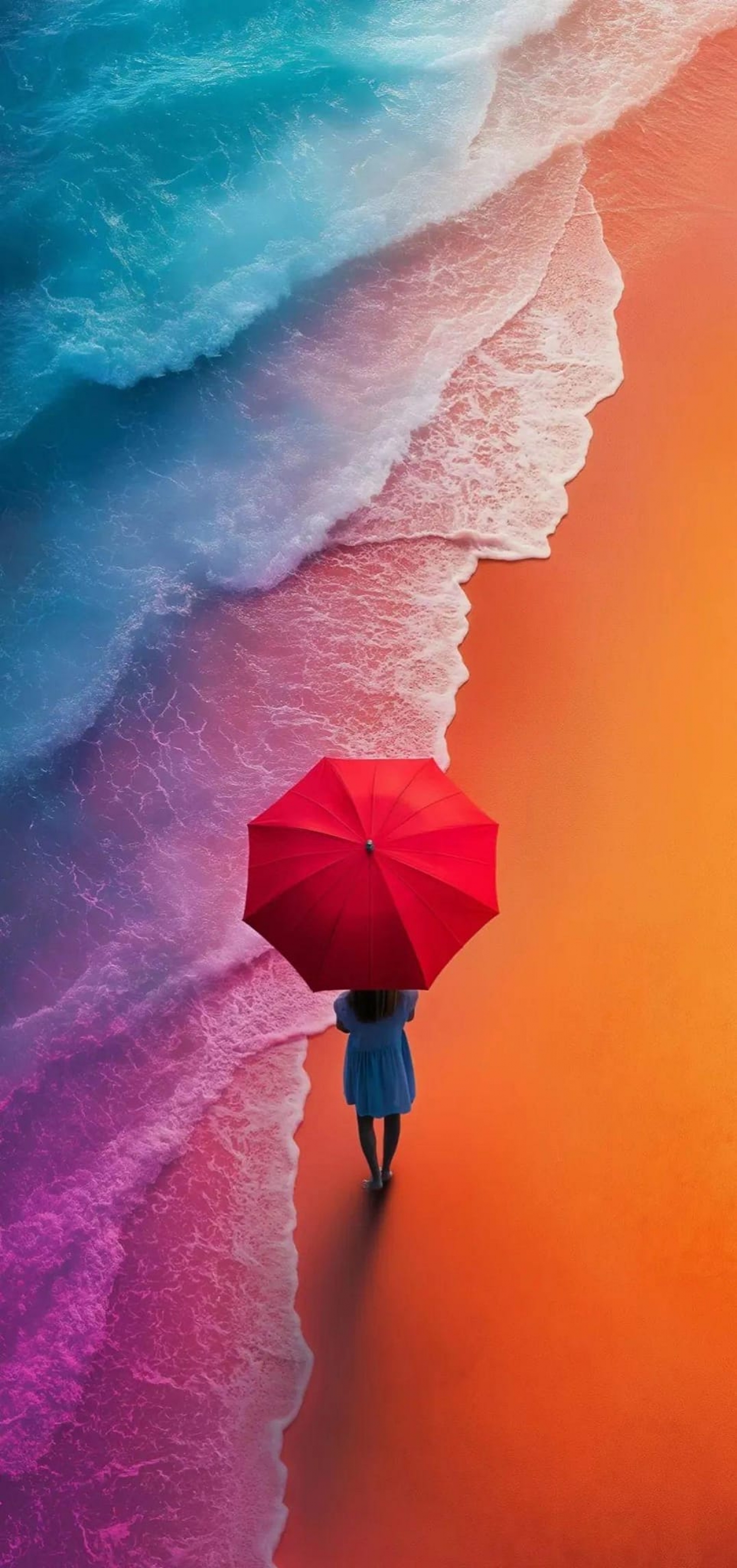 Lady Walking On A Colorful Beach With A Red Umbrella Digital Art Beautiful 5K 6K HDR