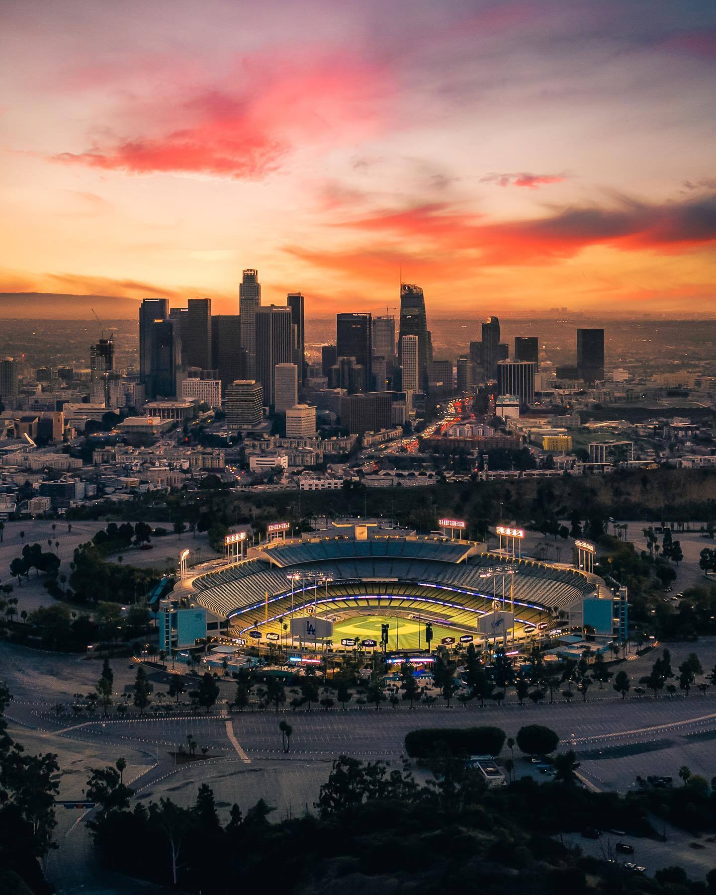 Los Angeles LA Southern California Socal Sunrise Sunset Stadium Red Clouds Golden Hour wallpaper for Apple iPhone, Apple Watch, Mac, iPad and Apple Watch