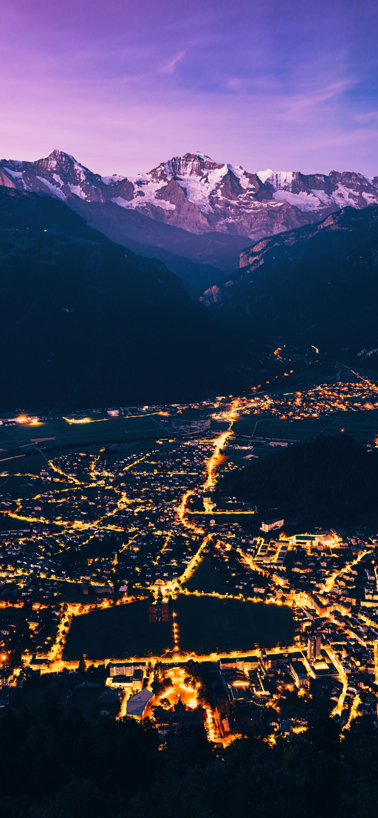 Mountain Peak Purple City Lights Aerial View Dawn 5K wallpaper for Apple iPhone, Apple Watch, Mac, iPad and Apple Watch