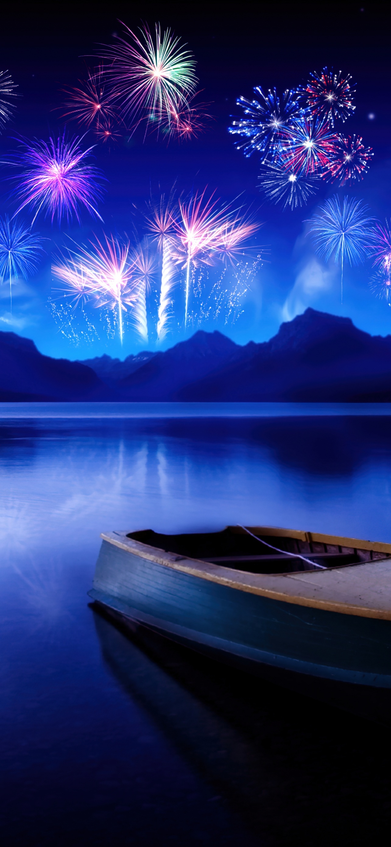 New Year Fireworks Lake Reflections Night Boat Blue