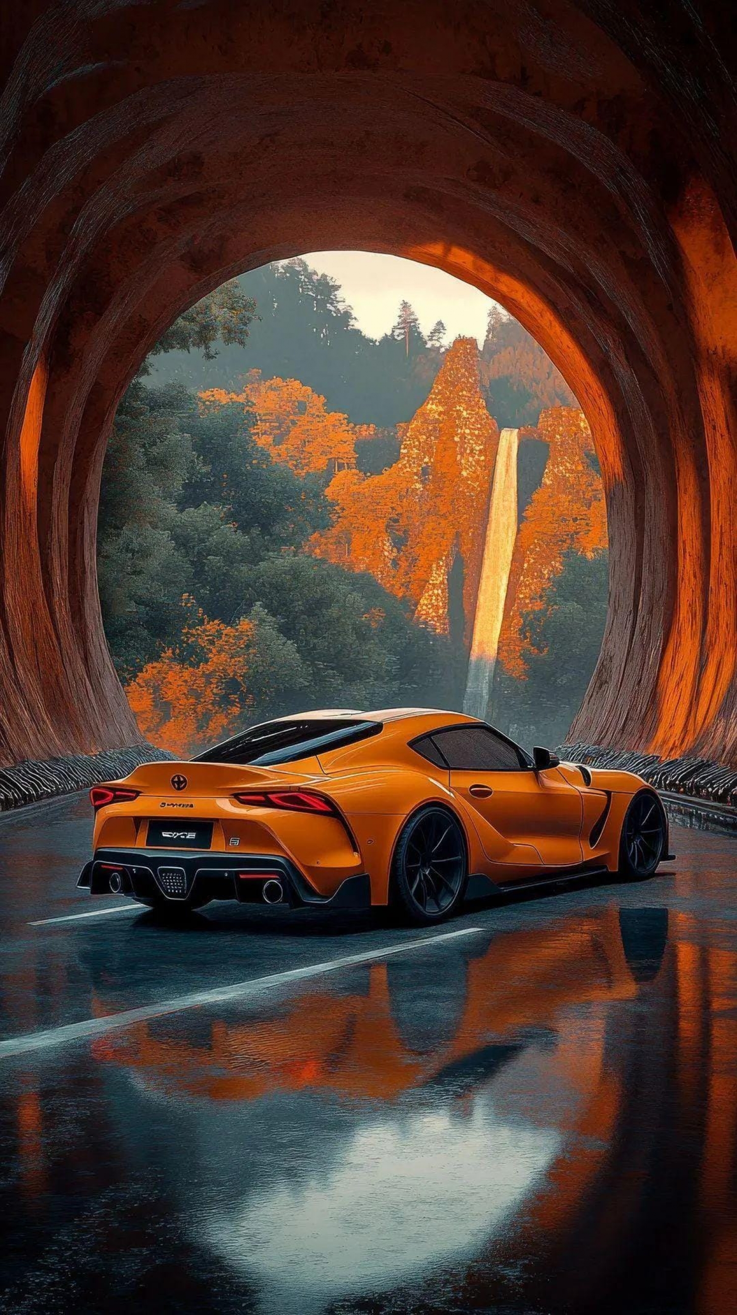 Orange Toyota Driving Through A Tunnel wallpaper for Apple iPhone, Apple Watch, Mac, iPad and Apple Watch