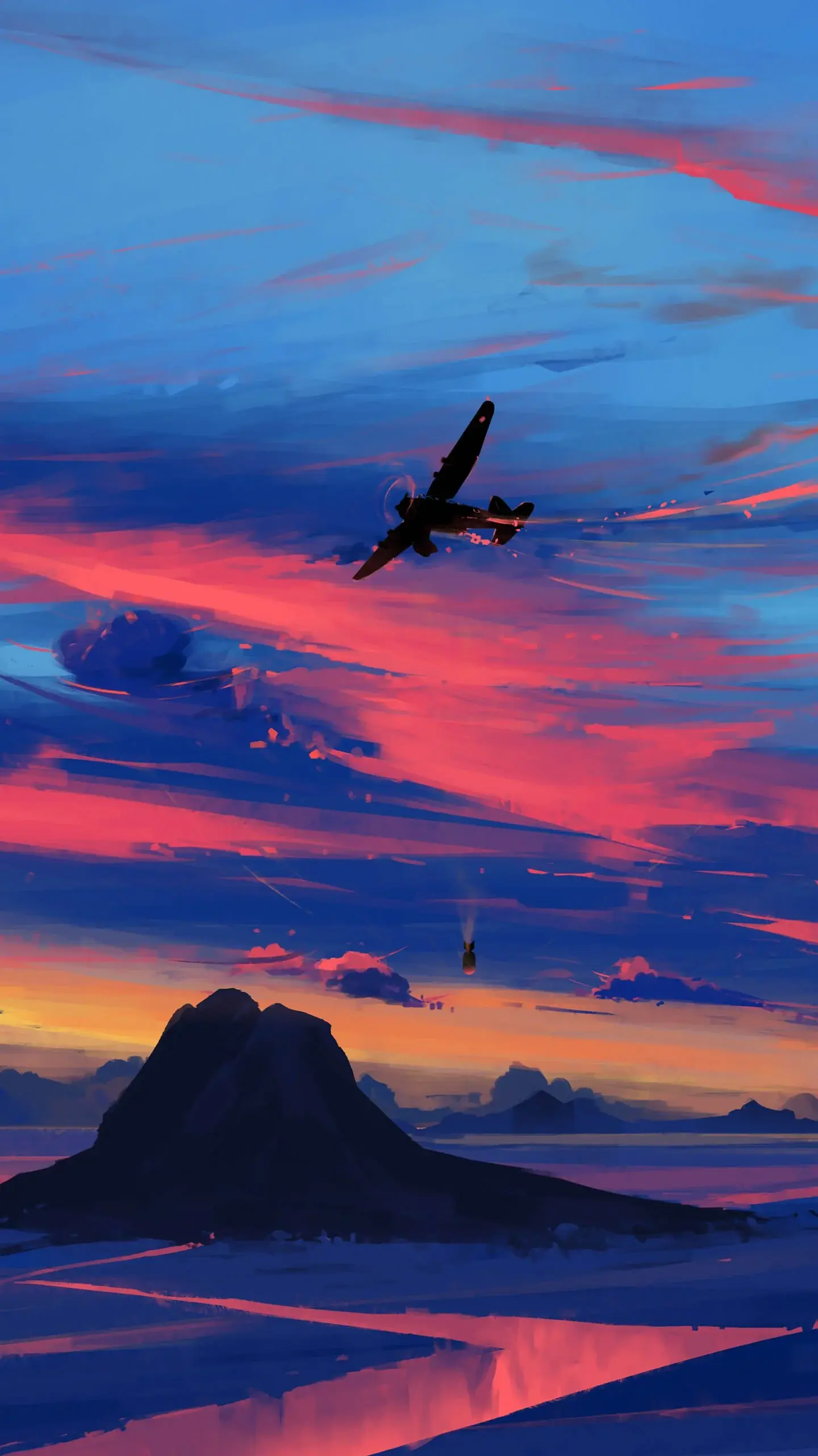 Painted Artwork Artist Blue Orange And Yellow Mountain Landscape With Aeroplane Airplane Download Free Wallpapers For iPhone 12 13 14 15 16 Pro Max