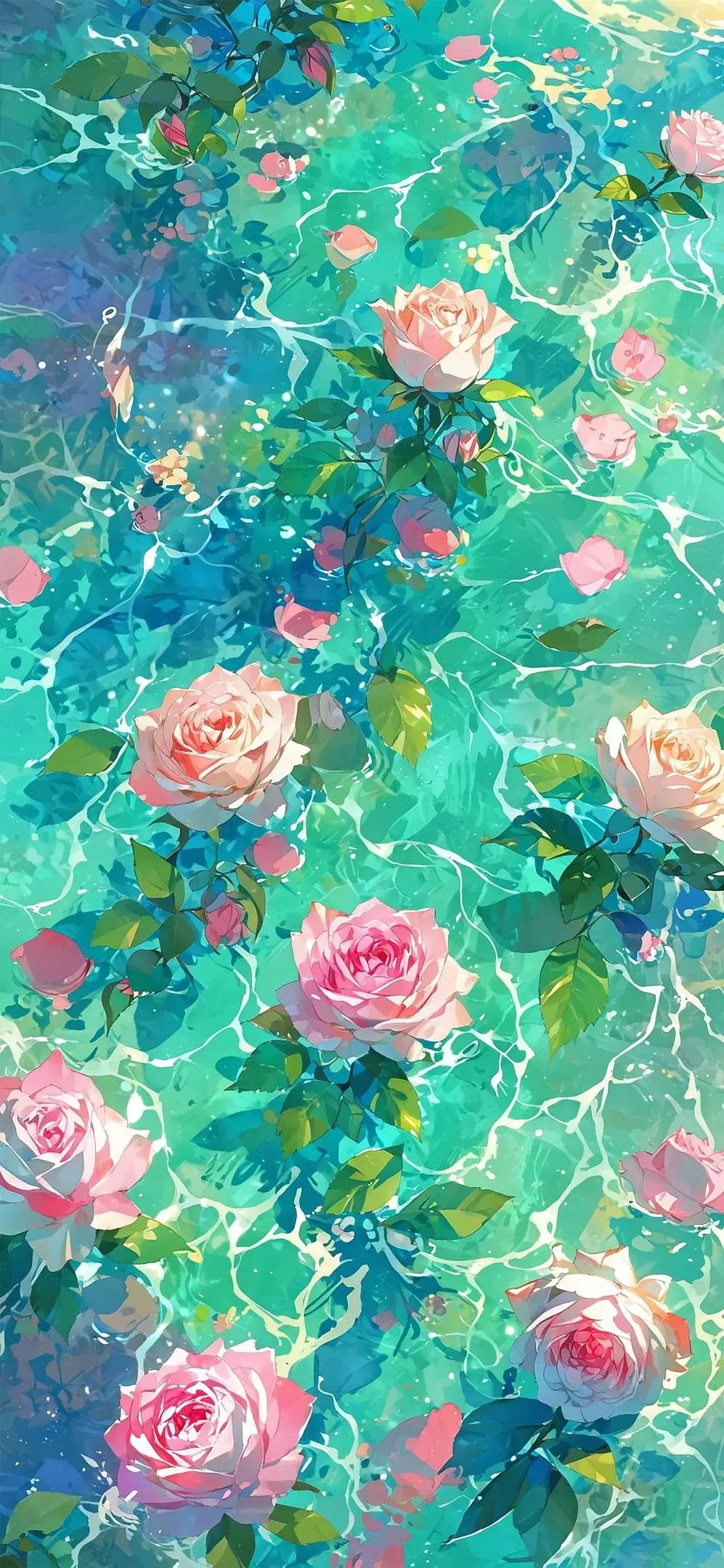 Pink Roses In Crystal Clear Water Anime Style Drawing Digital Art Best Desktop Wallpapers Screensavers Backgrounds For Apple iPhone 11 12 13 14 15 16 17 Pro Max 2025 2026