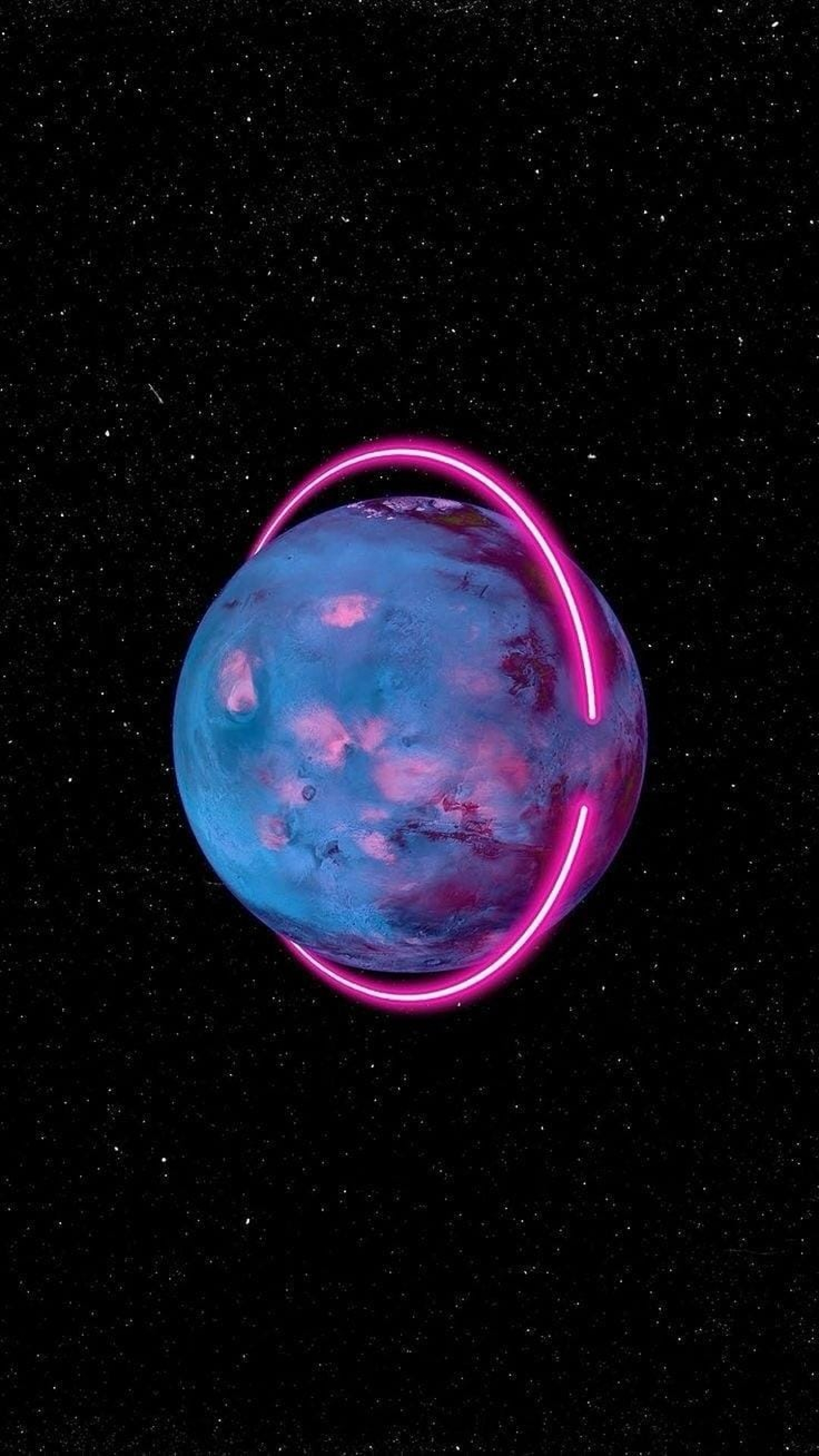 Planet With A Pink Neon Ring Around It Creative With Stars Unique Digital Art