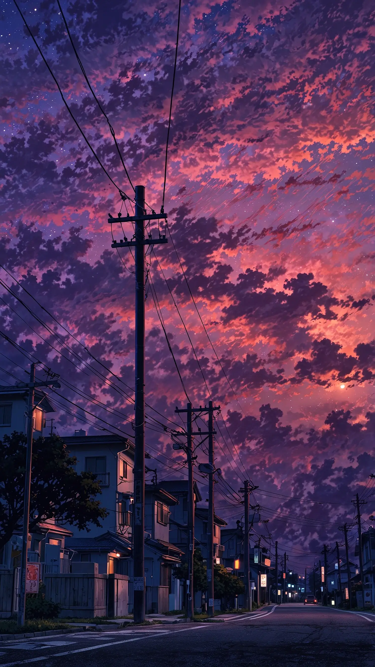 Powerlines With Intense Dark Purple Anime Style Sunset Sky On A Suburban Streetscape High Resolution Wallpapers For iPhone 13 14 15 16 Pro Max