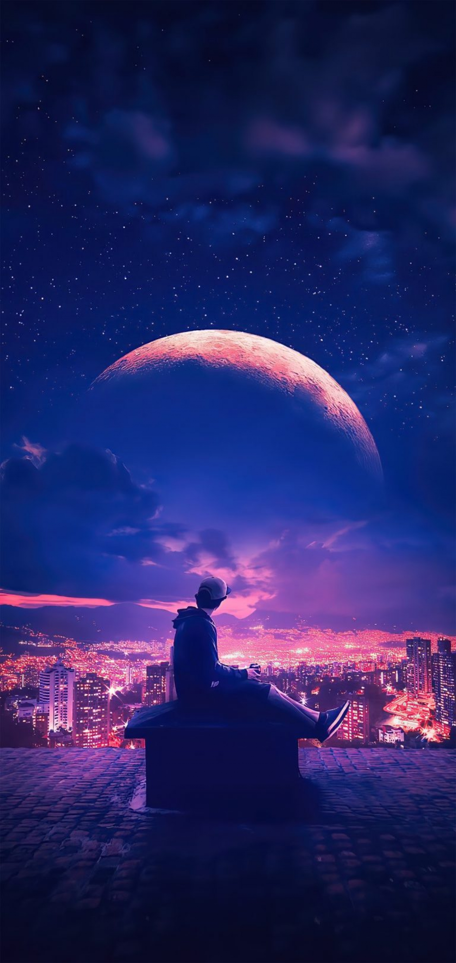 Purple Sky City Lights Fantasy Violet Huge Planet wallpaper for Apple iPhone, Mac, iPad and more