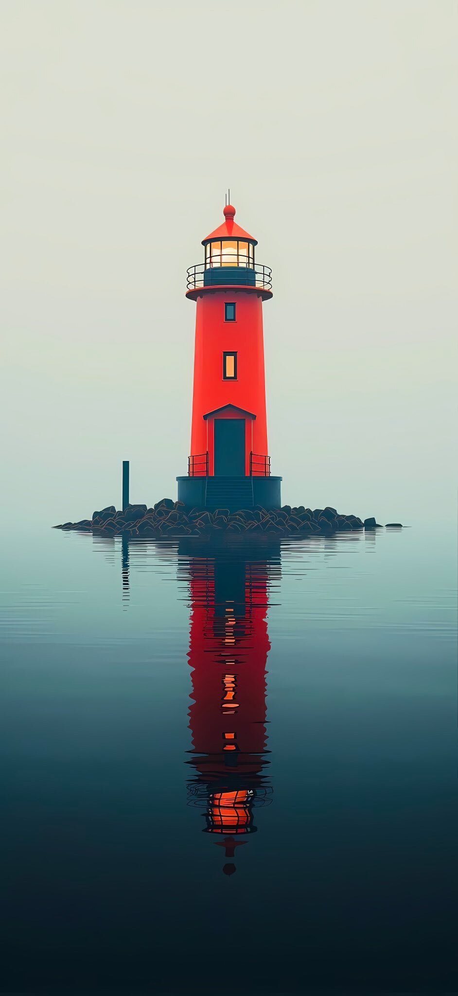 Red Lighthouse Misty Foggy Tiny Rocky Island Rocks Reflection 