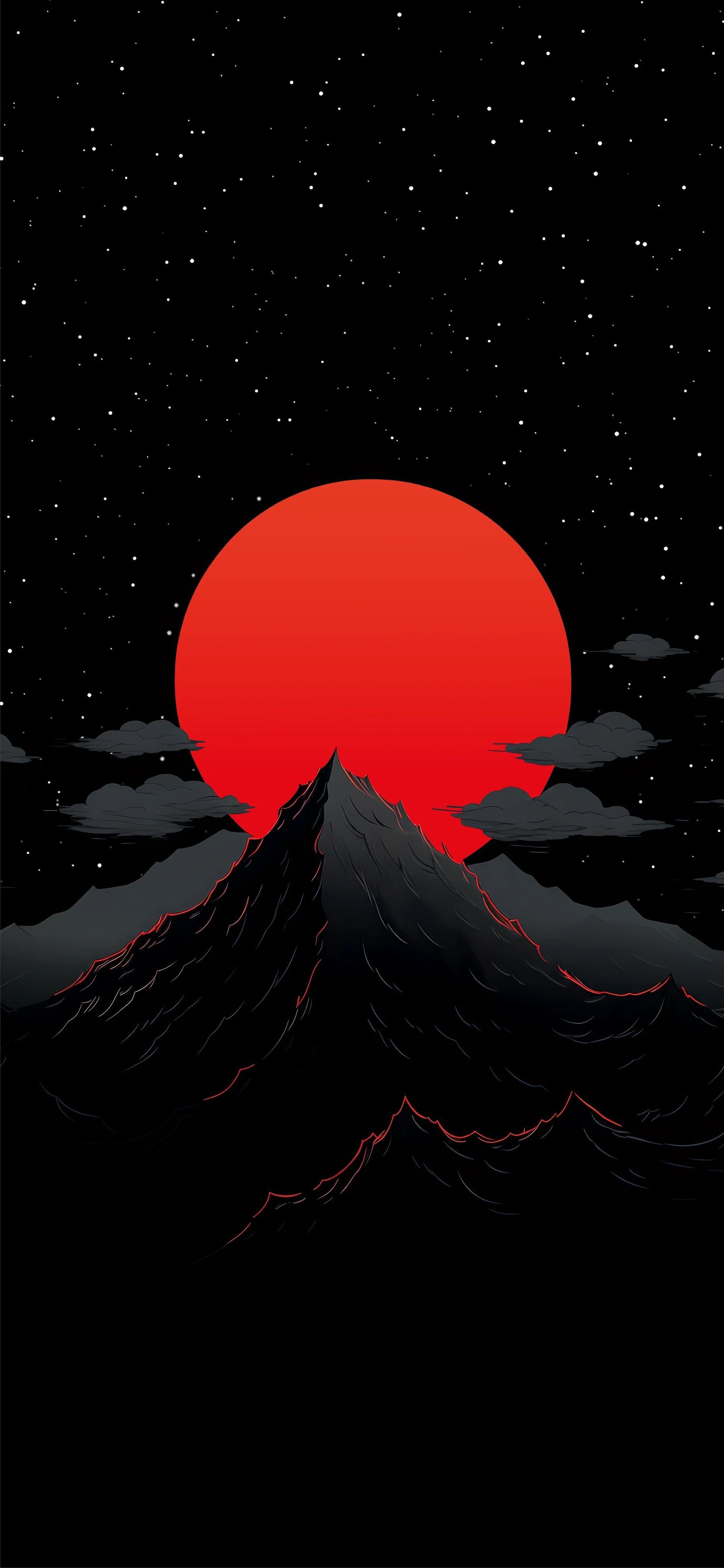 Red Moon Behind Mountain Illustration With Stars Anime Simple Minimalistic