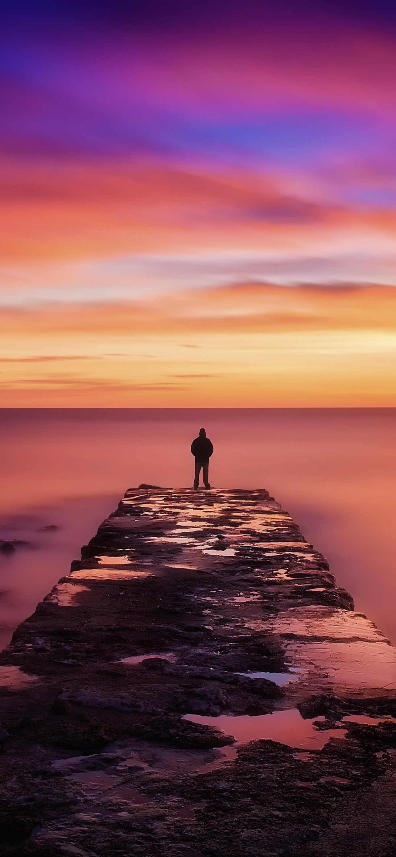 Seascape Pier Person Silhouette Sunset Horizon Cloudy Sky wallpaper for Apple iPhone, Apple Watch, Mac, iPad and Apple Watch