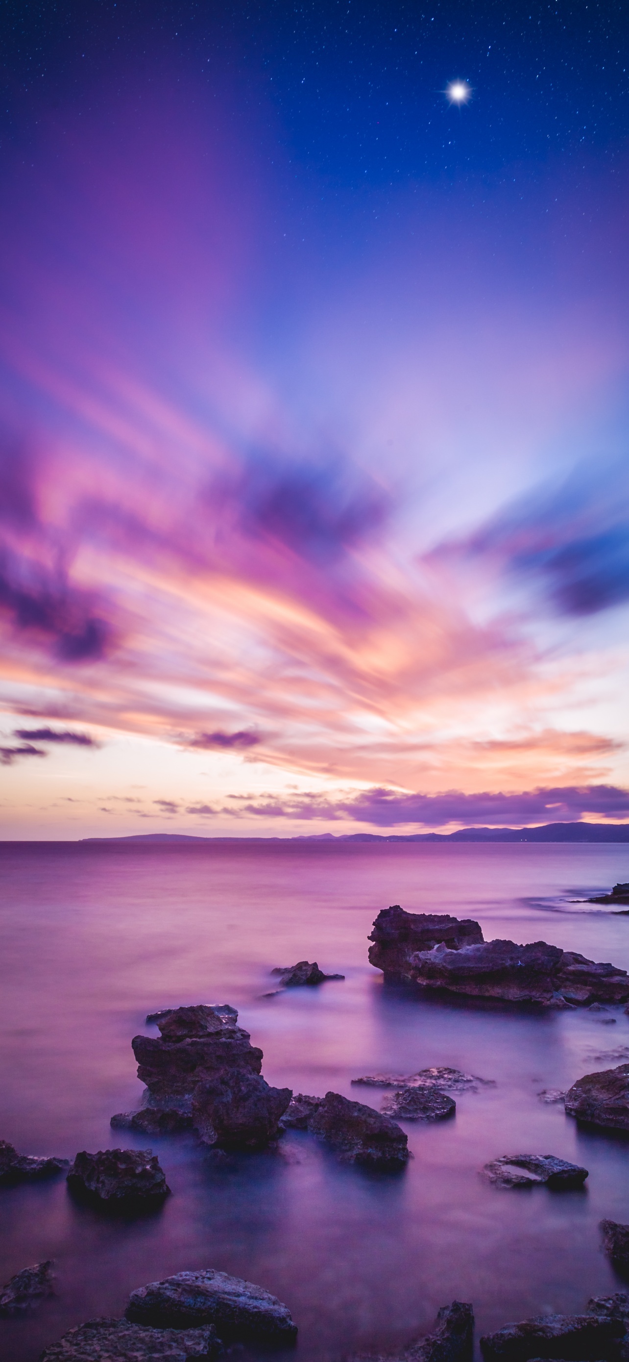 Seascape Sunset Horizon Purple Ocean Rock Formations Scenic