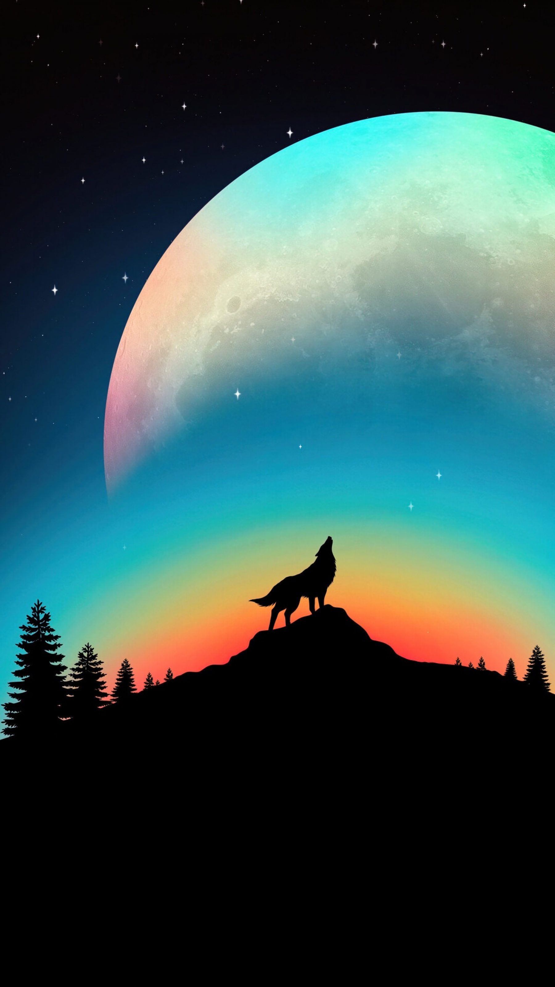 Silhouette Of Wolf Howling In Front Of The Moon Multicolor Colorful