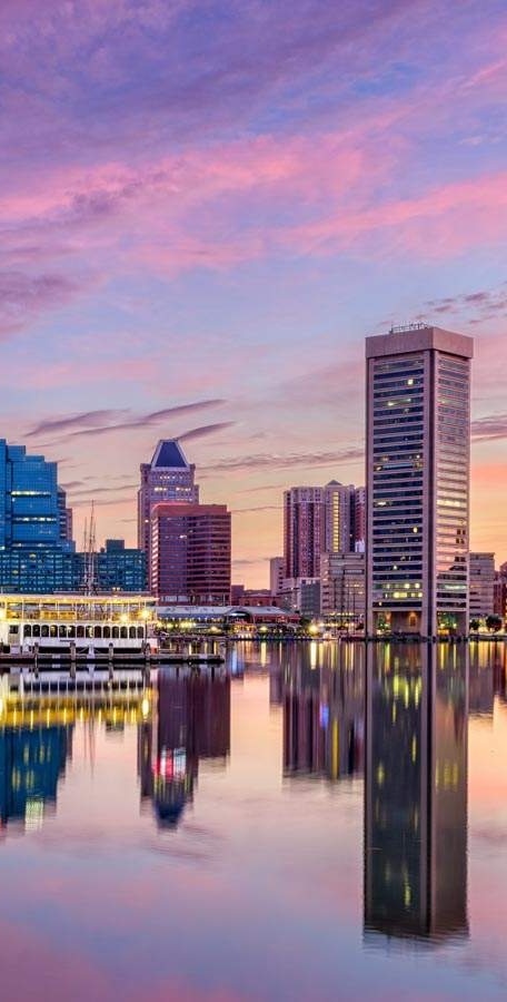 Skyscrapers Reflecting On Water Baltimore City Of Maryland State USA United States