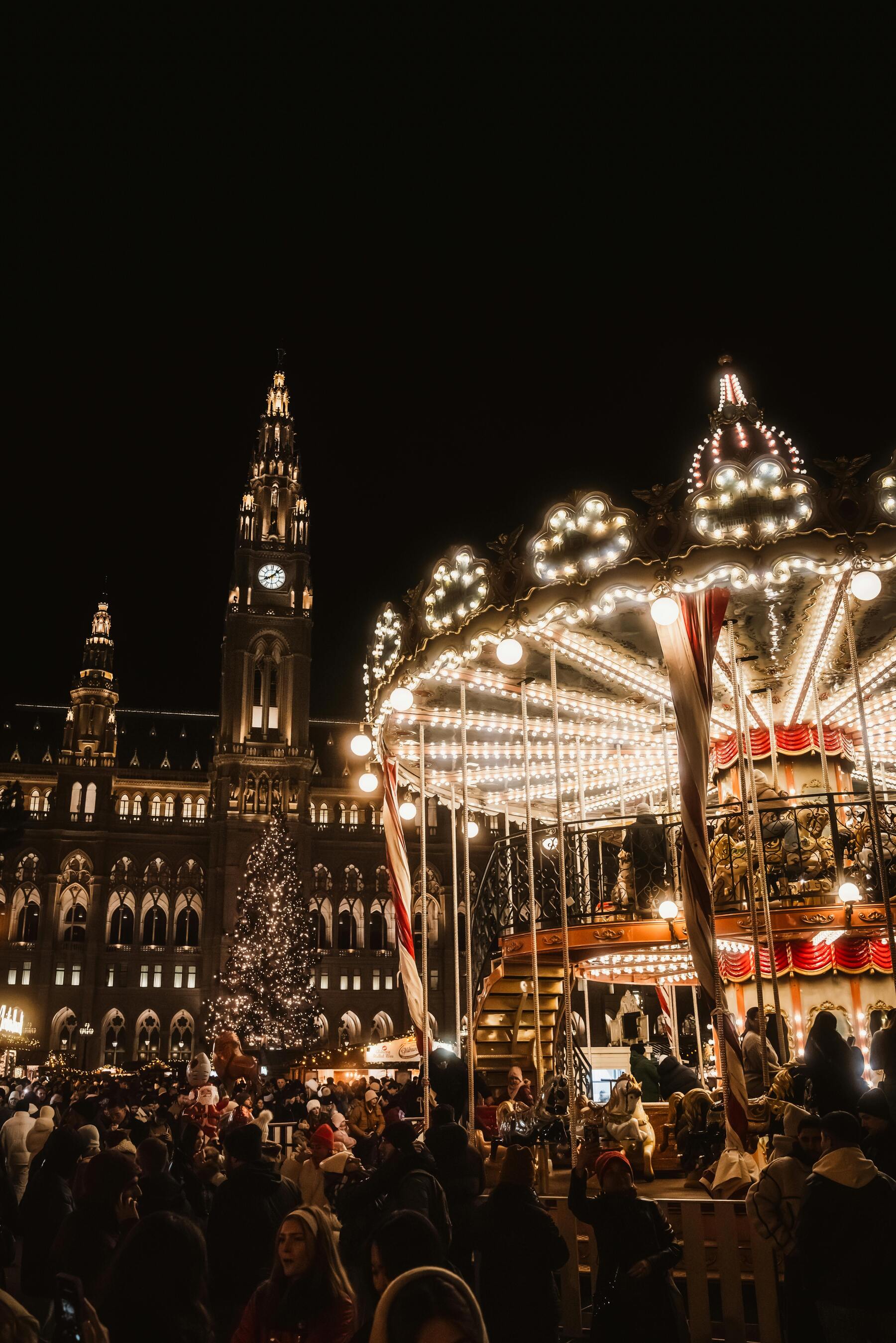 Small Town Fair With Merry Go Round LED Lights At Christmas Time UltraHD Ultra HD 4K 8K 10K 12k 20k High Resolution HDR Highres Desktop Wallpapers For iPhone And Android