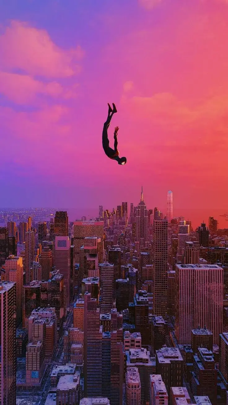 Spiderman In New York City Falling From The Sky Sunset Best Of 2024 And 2025 Wallpapers For Your Apple iOS iPhone X 11 12 13 14 15 And 16 Including Plus Pro Pro Max And SE