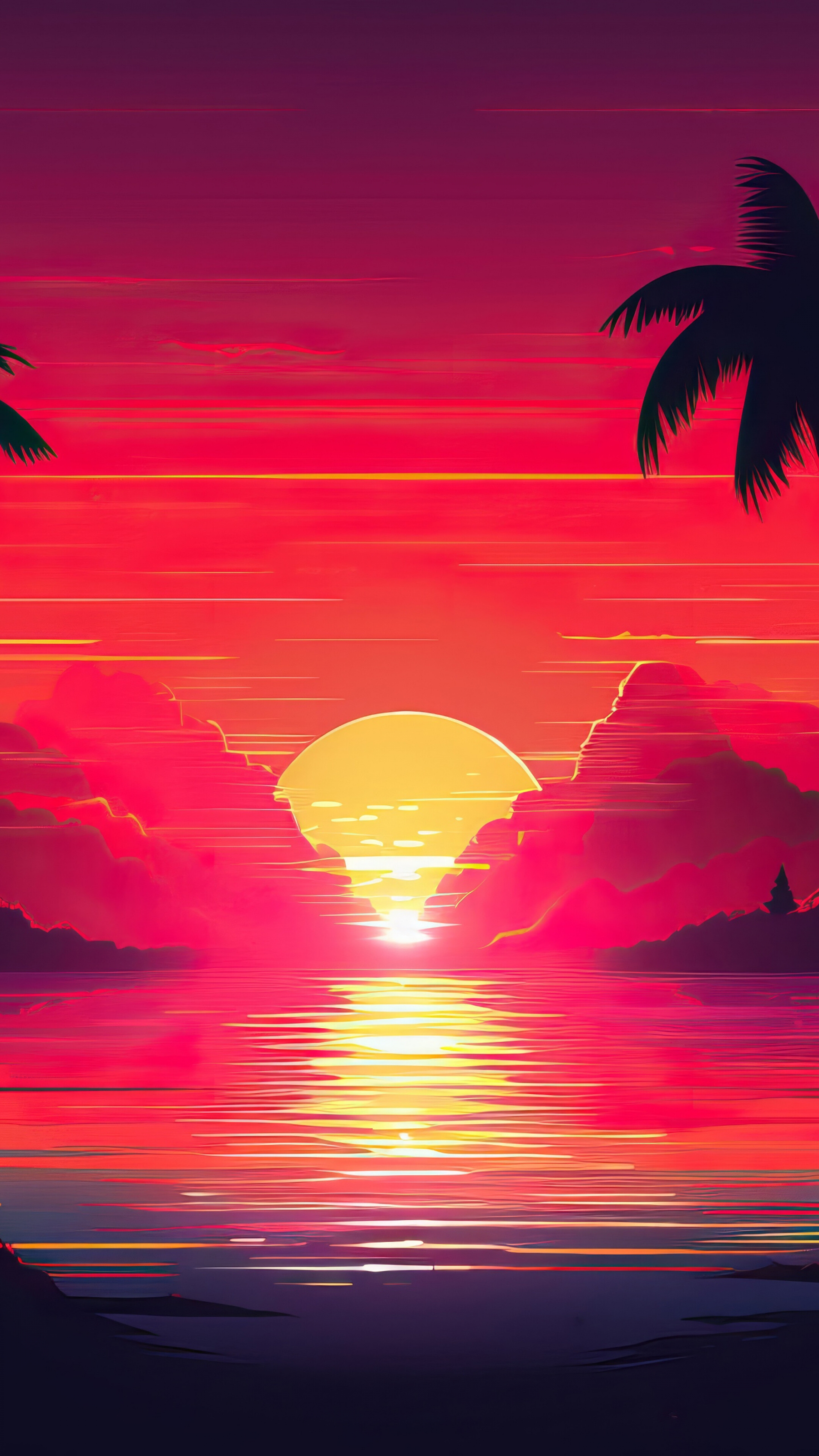 Sun Sets Over The Ocean Digital Illustration Drawing