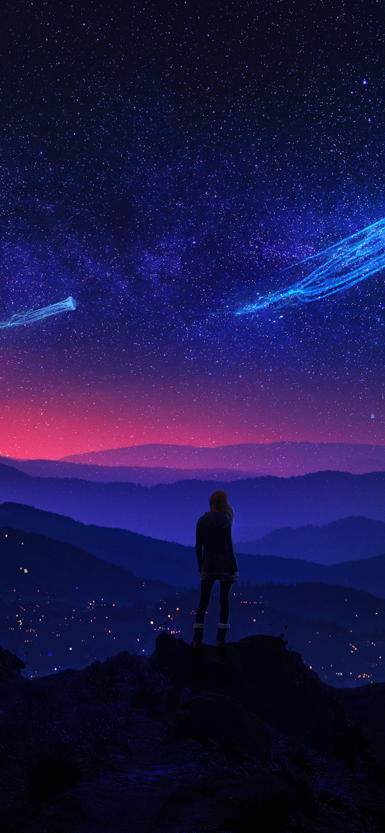 Surreal Girl Night Starry Sky Night Sky Jellyfishes Dream wallpaper for Apple iPhone, Apple Watch, Mac, iPad and Apple Watch