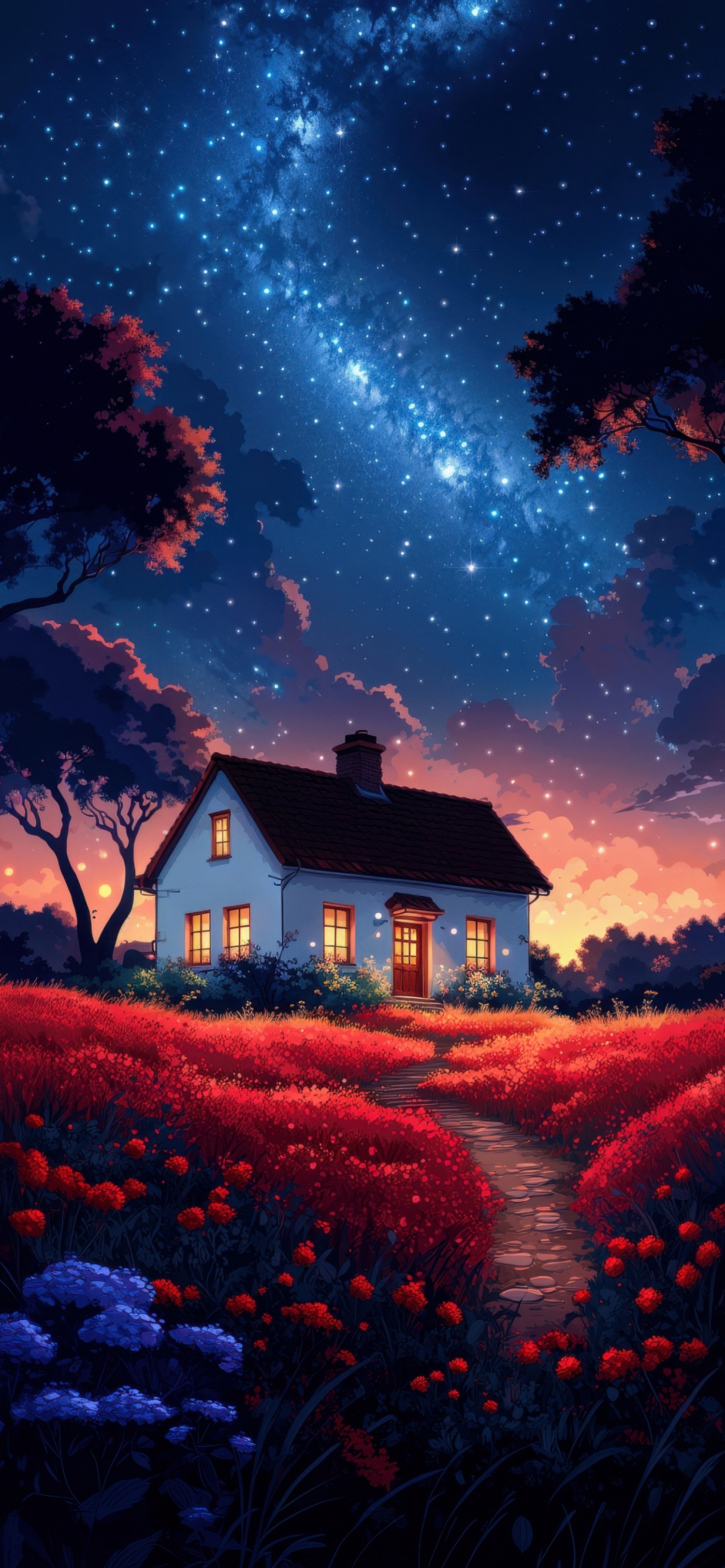 Surreal Scene With Cozy House Red Poppies And Galaxy In The Sky