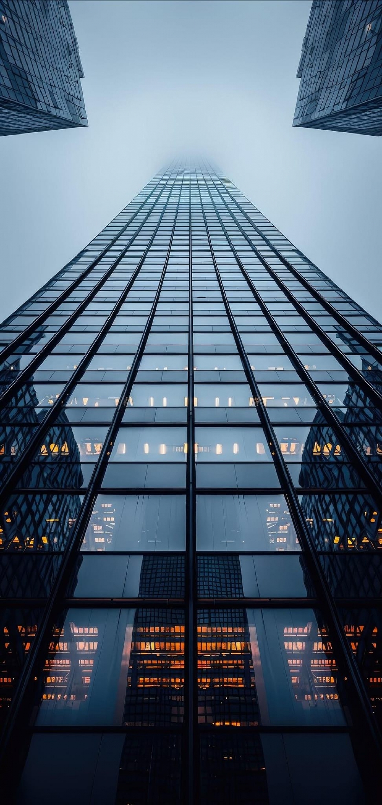 Tall Highrise Building Architecture From Below Looking Up Misty Foggy