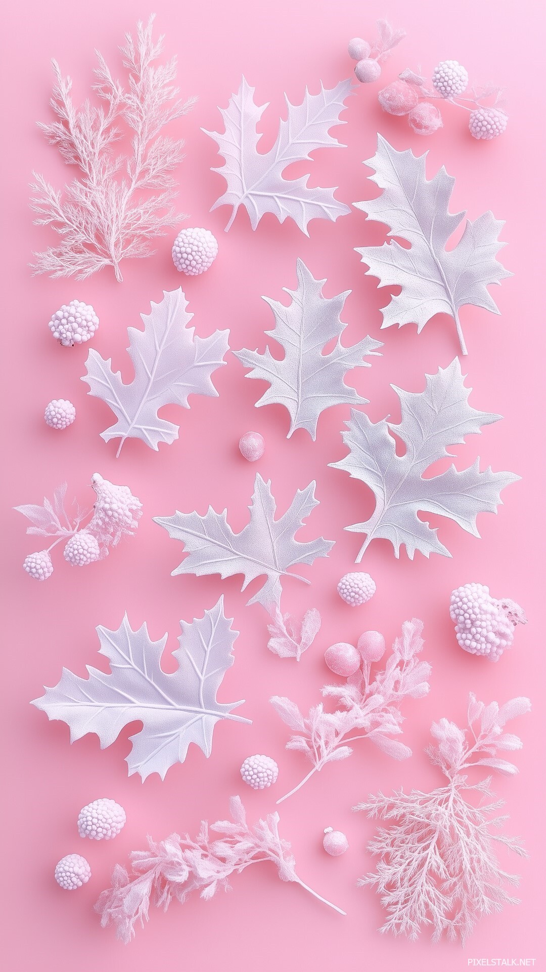 Tiny Holly Leaves And Berries In Light Pink And White Pink Christmas Wallpaper For iPhone wallpaper for Apple iPhone, Apple Watch, Mac, iPad and Apple Watch