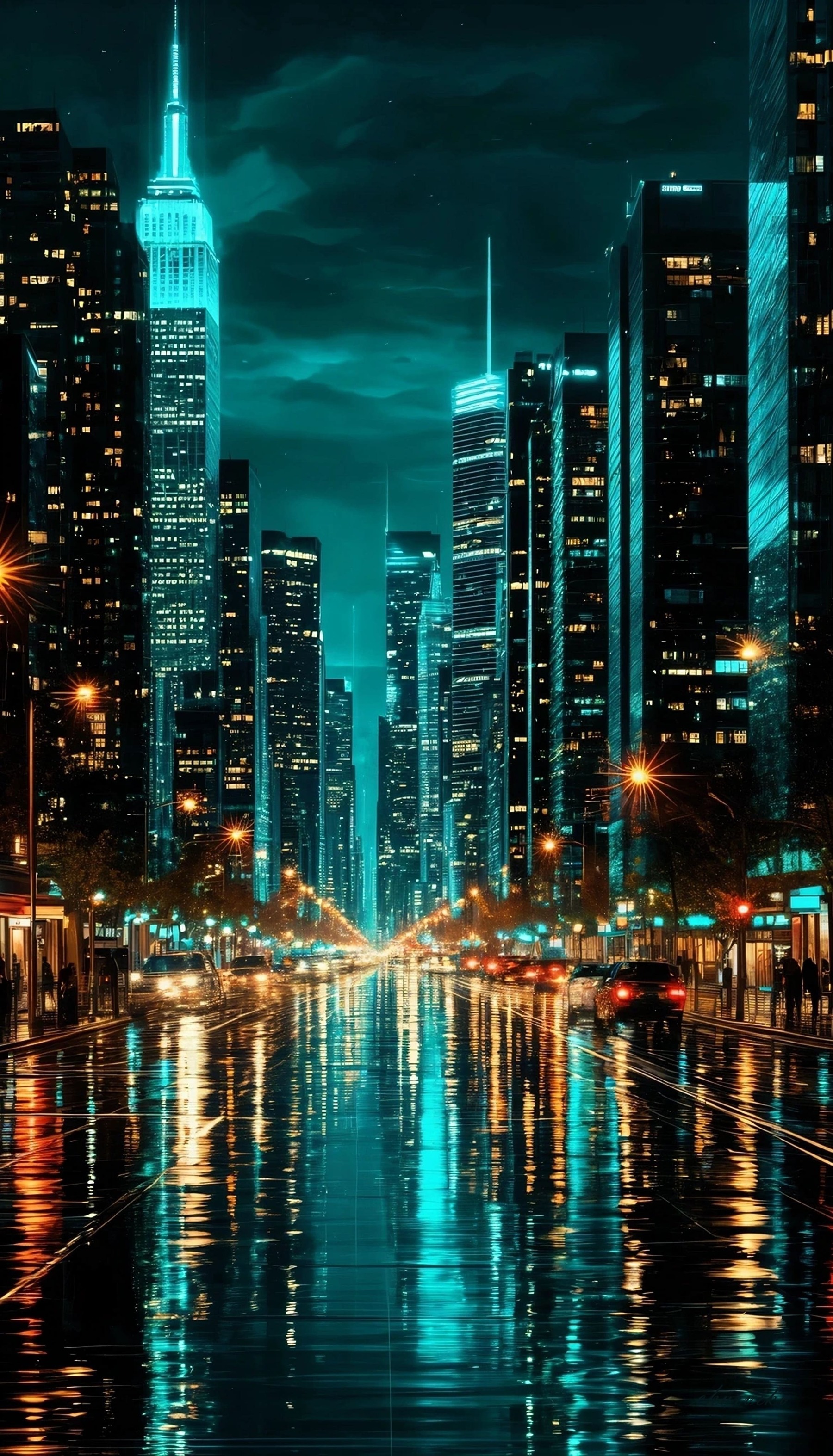 Turquoise Blue Neon City Rain Reflections Best Unique Creative Free 4K Wallpapers Of 2025 And 2026 iPhone wallpaper