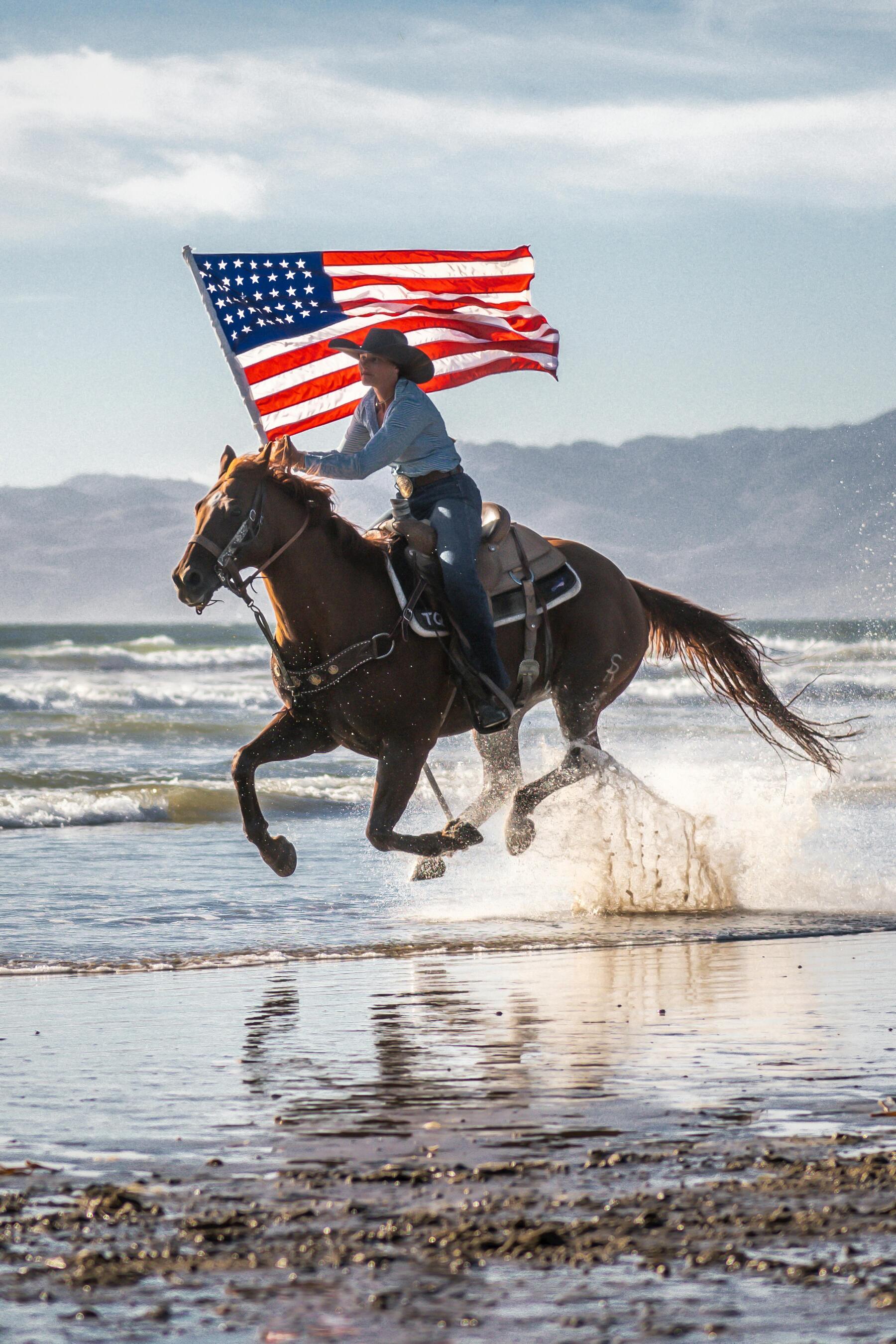 U.s.a. United States Flag Waving On A Horse At The Beach Desktop Background Wallpaper Picture For Apple iPhone Google Android Pixel And Samsung Galaxy